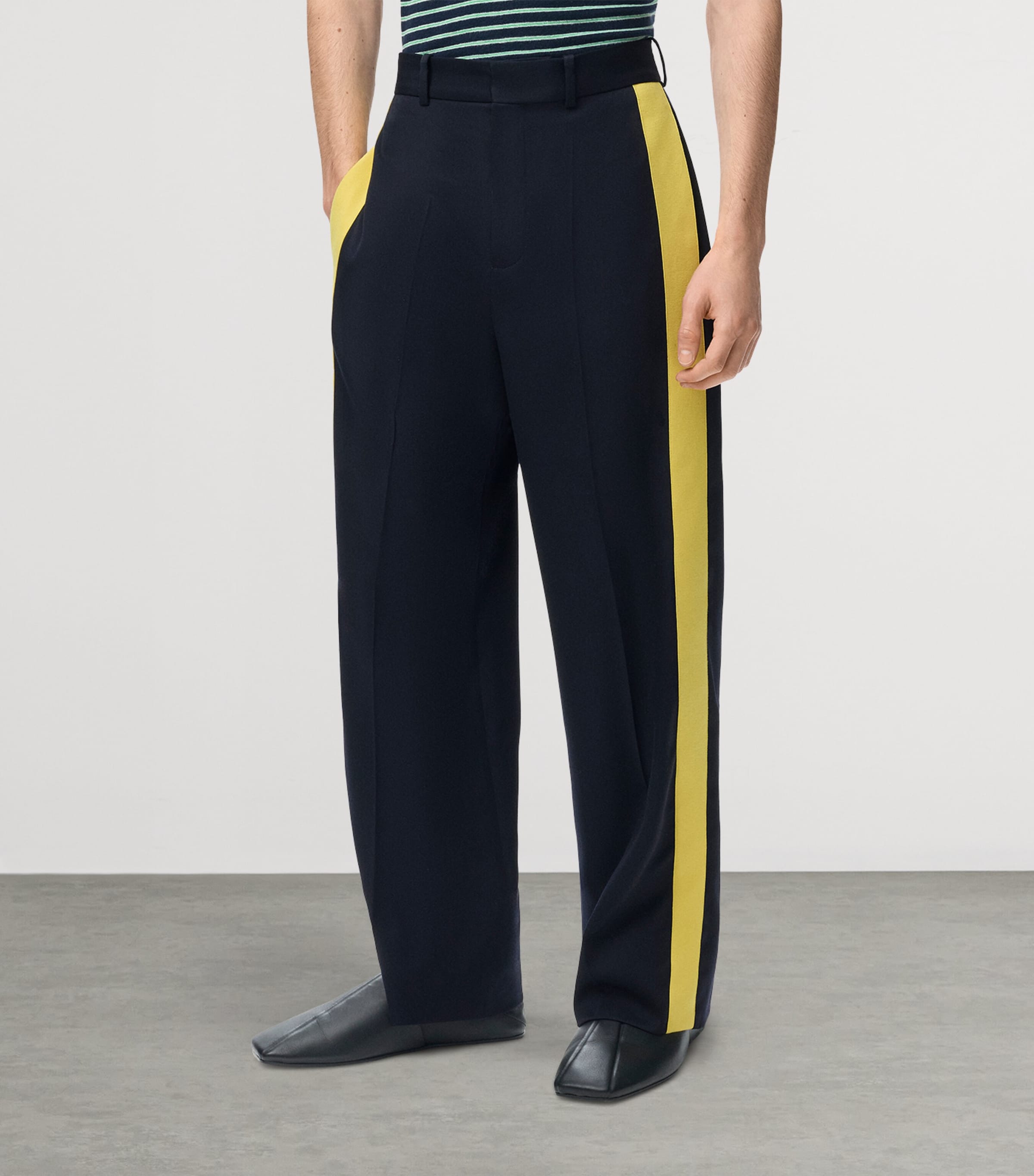 LOEWE Mens Wool-Blend Stripe Trousers Navy/yellow Image 3