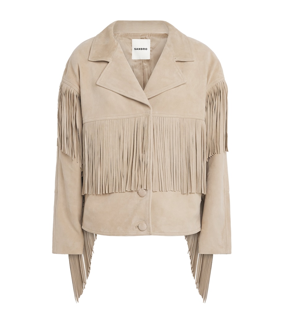 Sandro Paris Womens Suede Fringed Jacket Beige Image 1