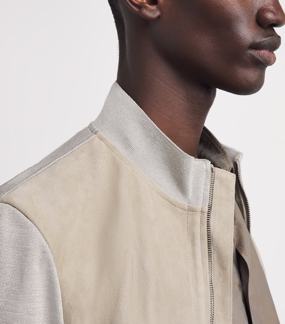 Stretch-Silk Suede-Front Bomber Jacket 027 GREY PIECETAUPE Image 3