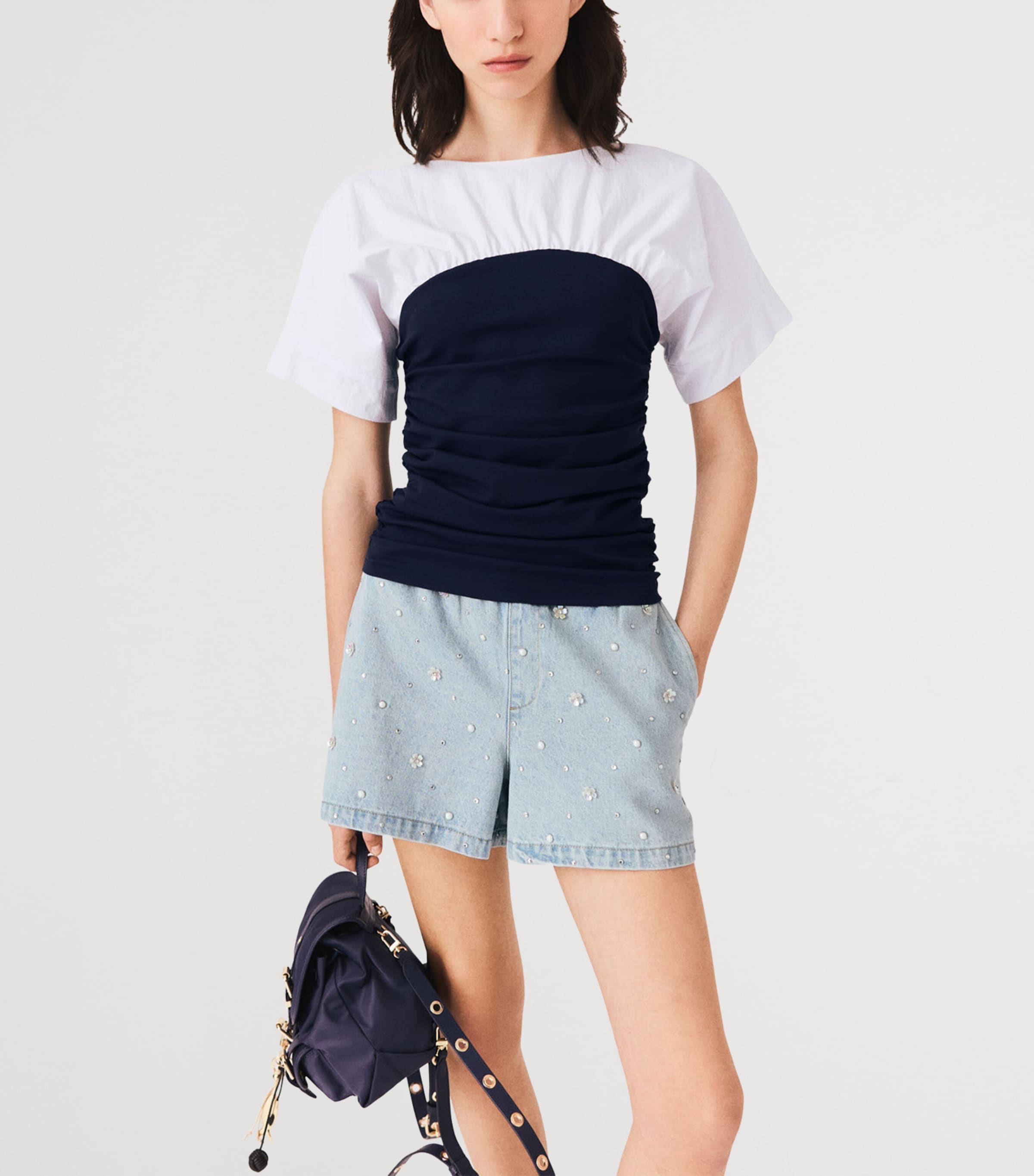 Maje Womens Cotton Gathered T-Shirt White/navy Image 5