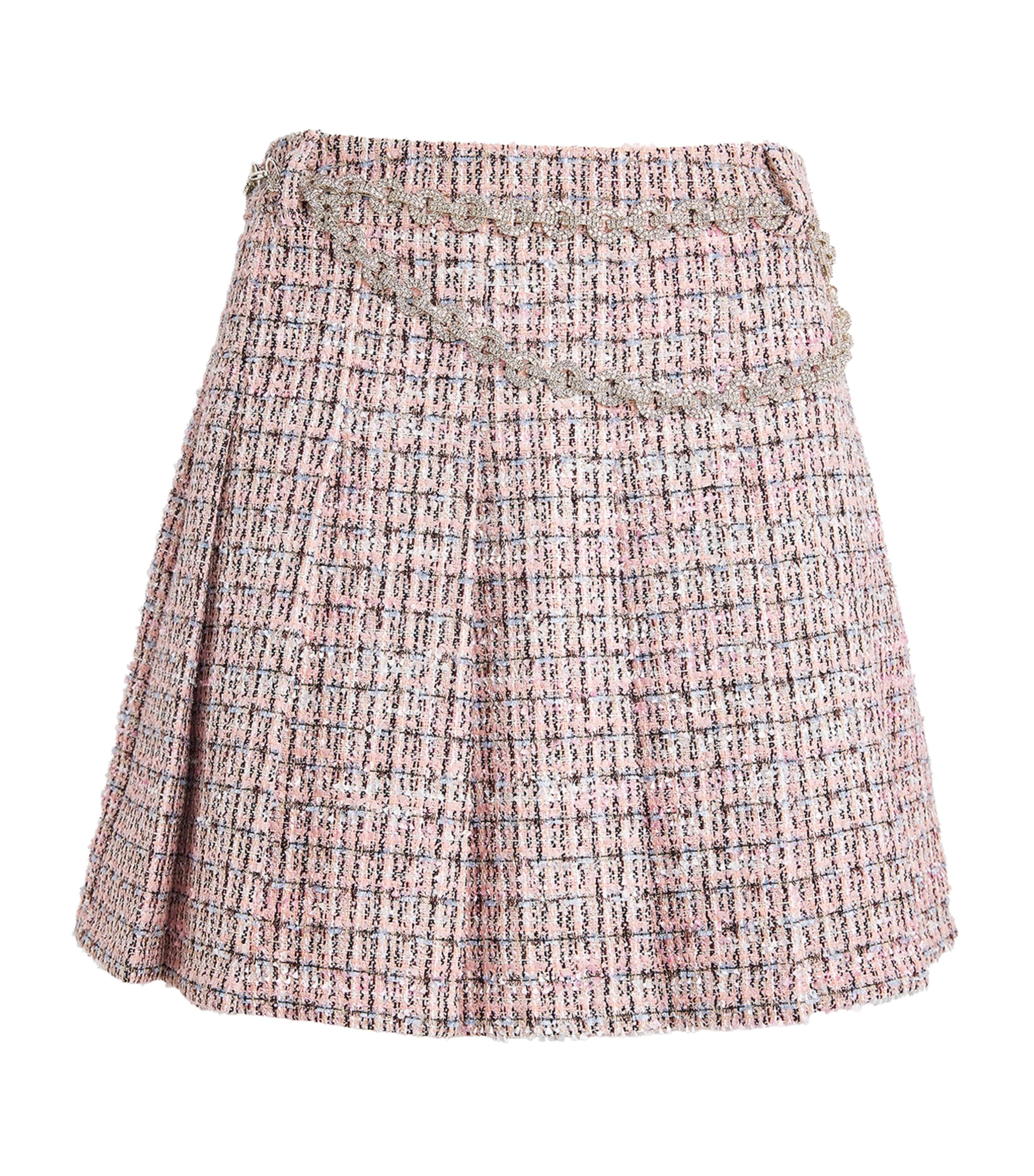 Self-portrait Boucle Pleated Mini Skirt Chain In Pink