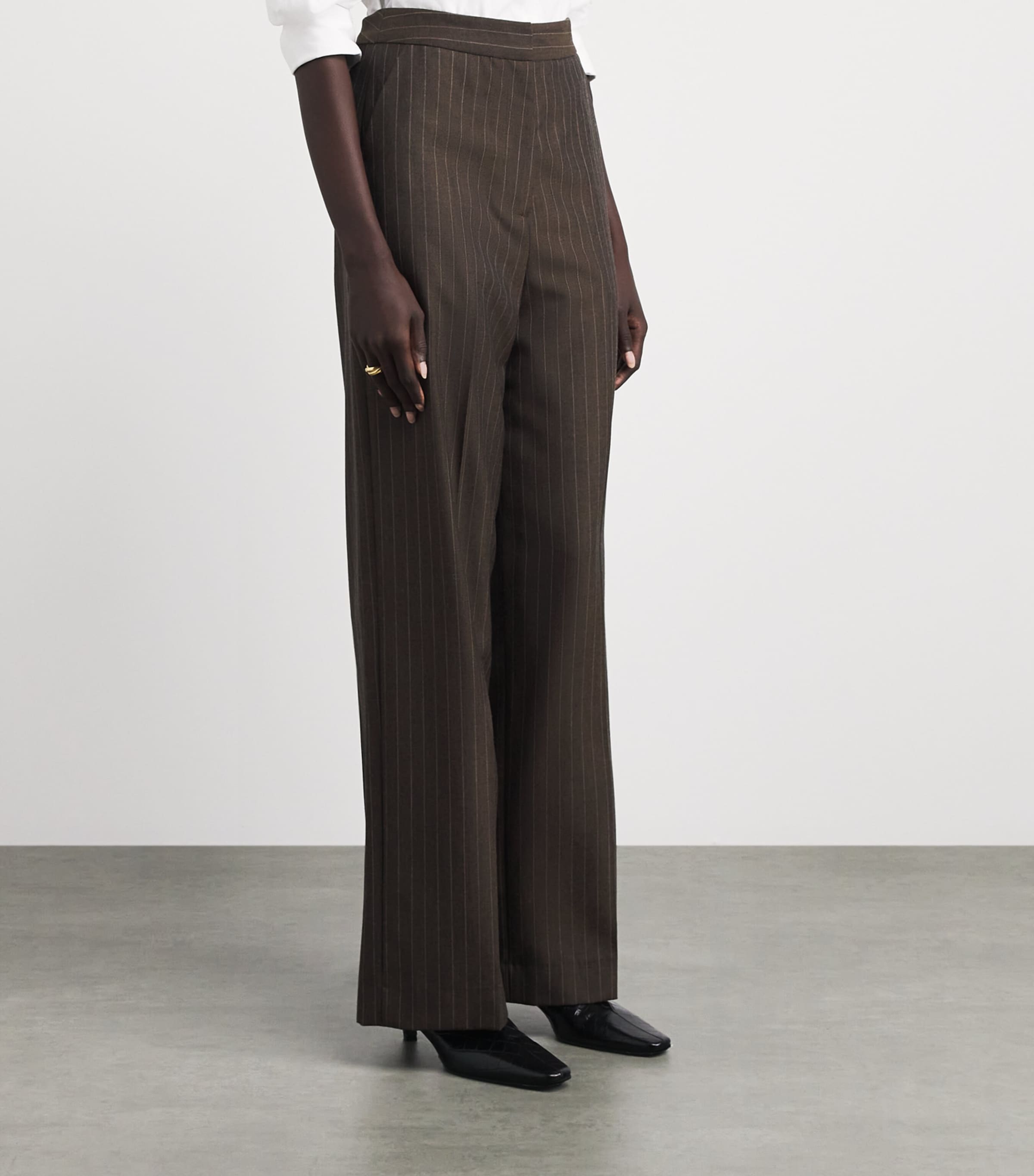 Laura Pitharas Womens Wool Wide-Leg Trousers Chocolate Pinstripe Image 4