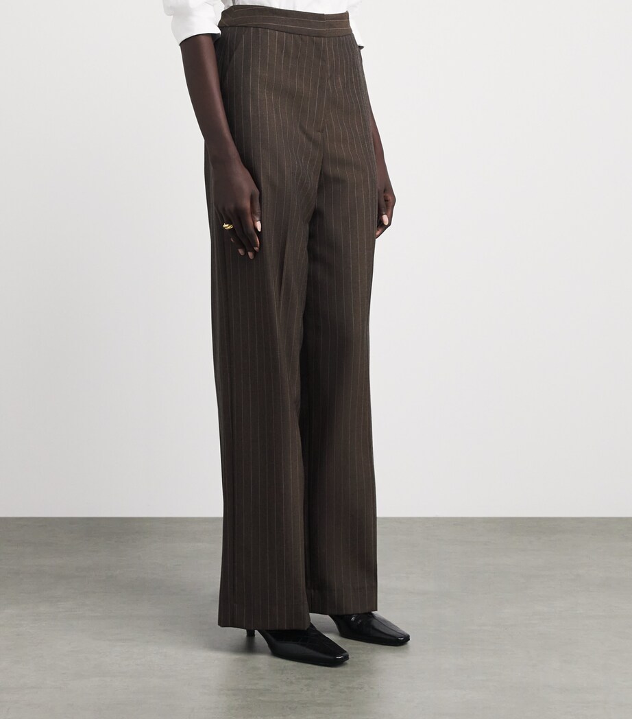 Laura Pitharas Womens Wool Wide-Leg Trousers Chocolate Pinstripe Image 4
