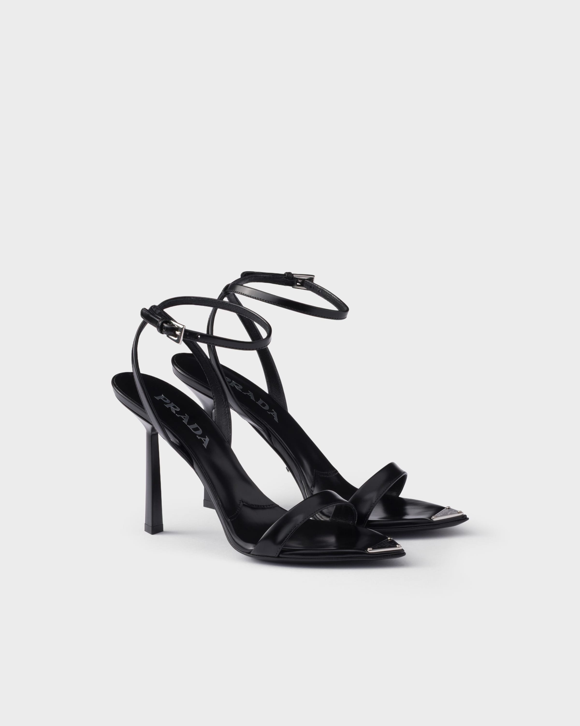 Prada Black Brushed Leather Heeled Sandals | Harrods CY