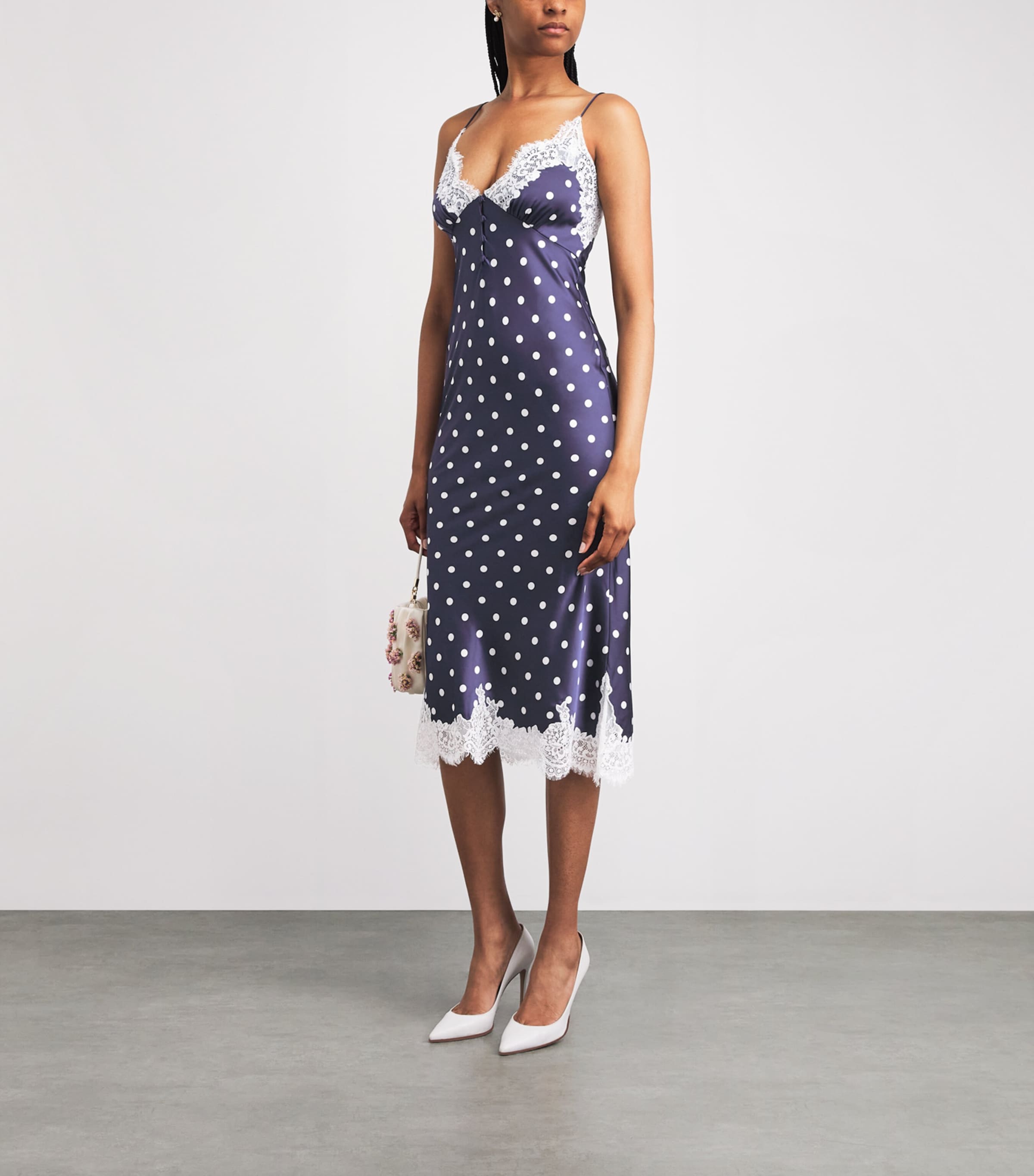 Self-Portrait Navy Satin Lace-Trim Polka-Dot Midi Dress | Harrods AU