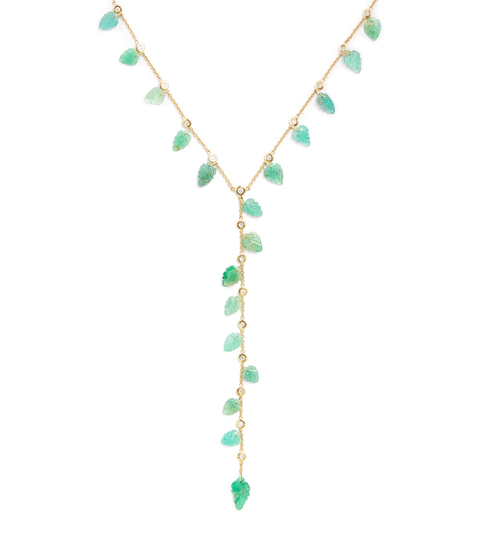Yellow Gold, Diamond and Emerald Shaker Leaf Necklace