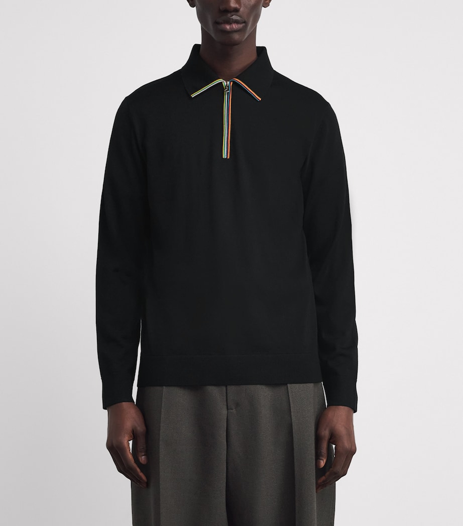 Merino Wool Signature Stripe Zip Polo Shirt BLACK-79 Image 3