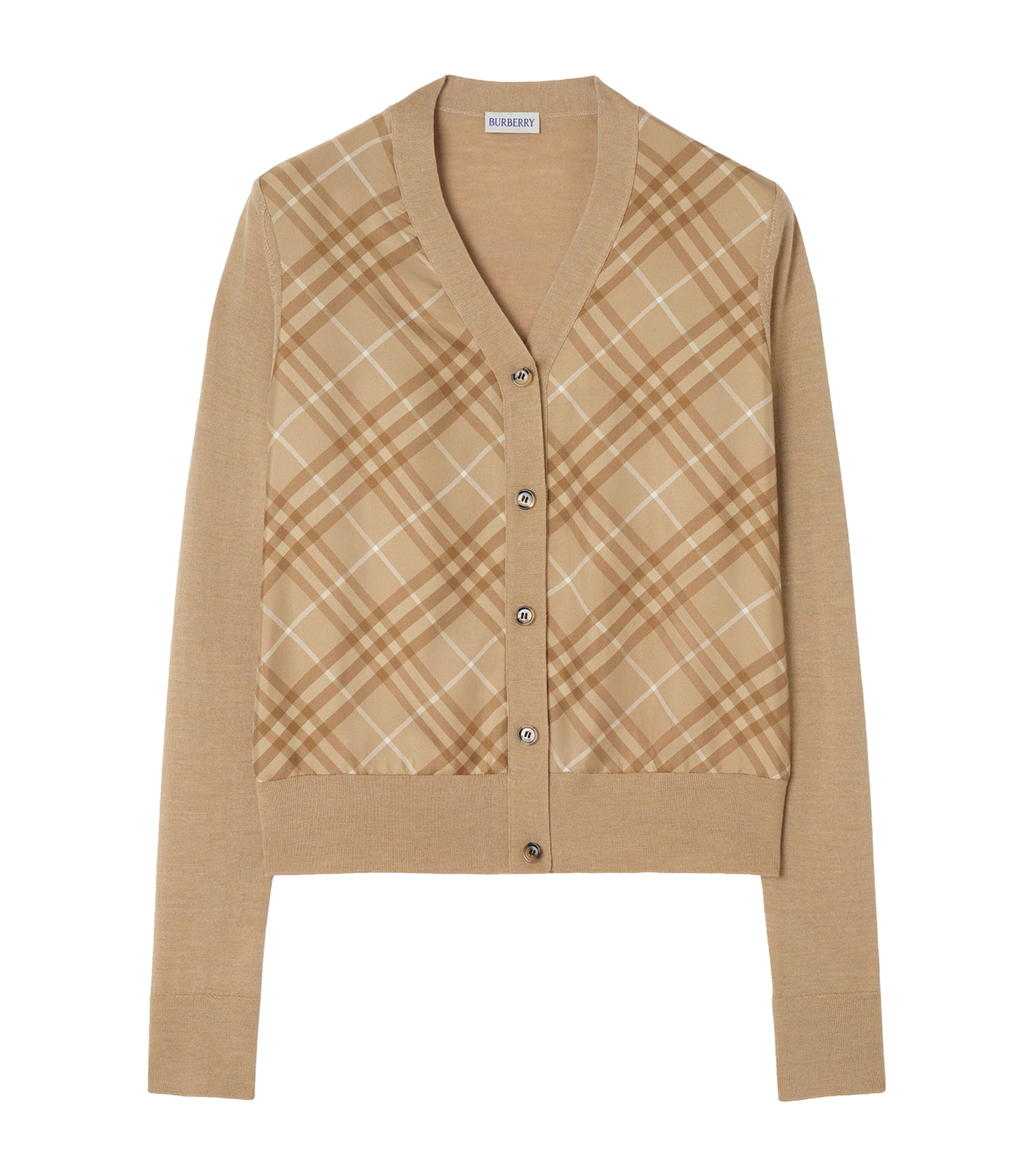 Burberry Womens Wool-Silk Check Panel Cardigan Camel Image 1