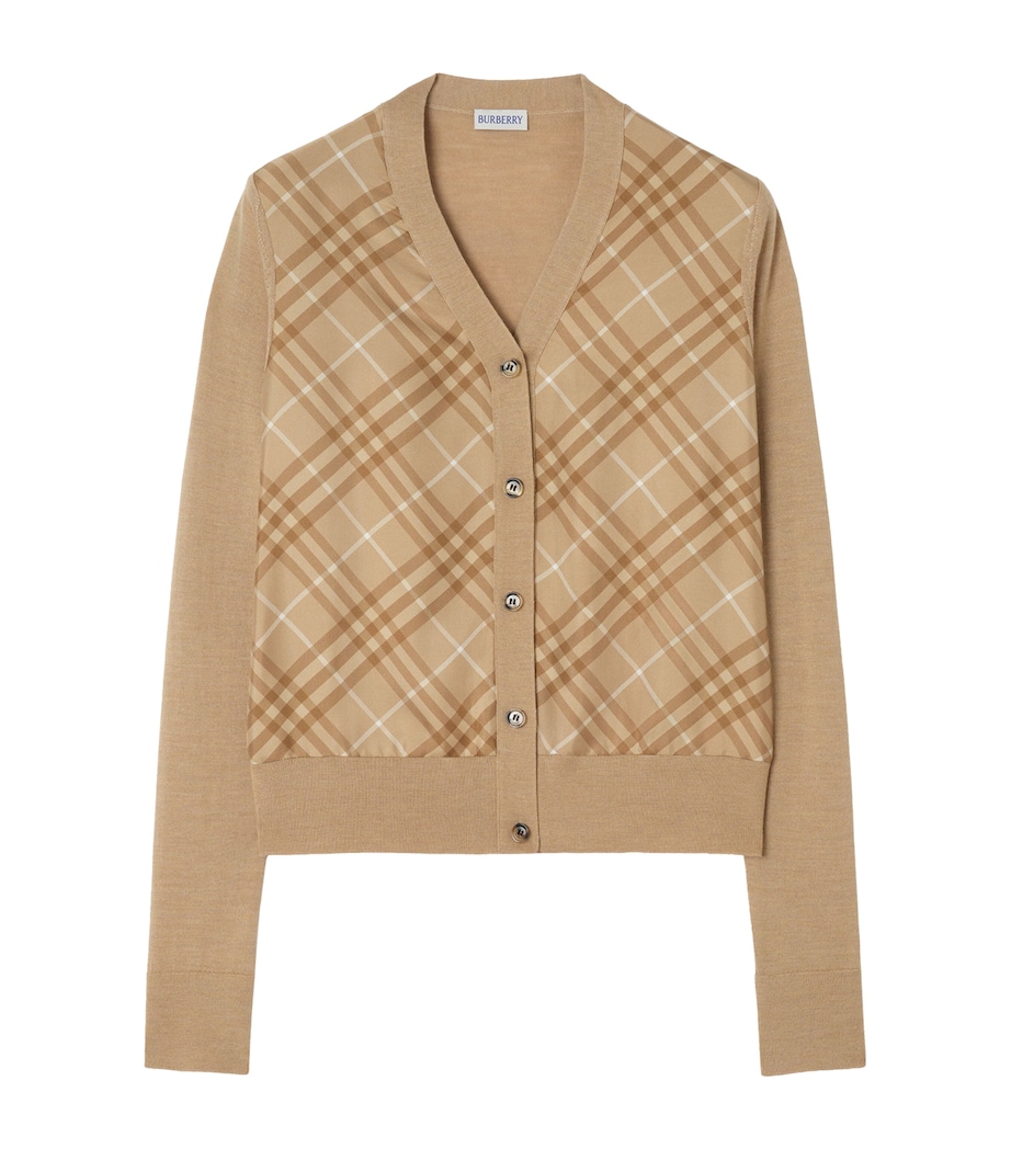 Burberry Womens Wool-Silk Check Panel Cardigan Camel Image 1