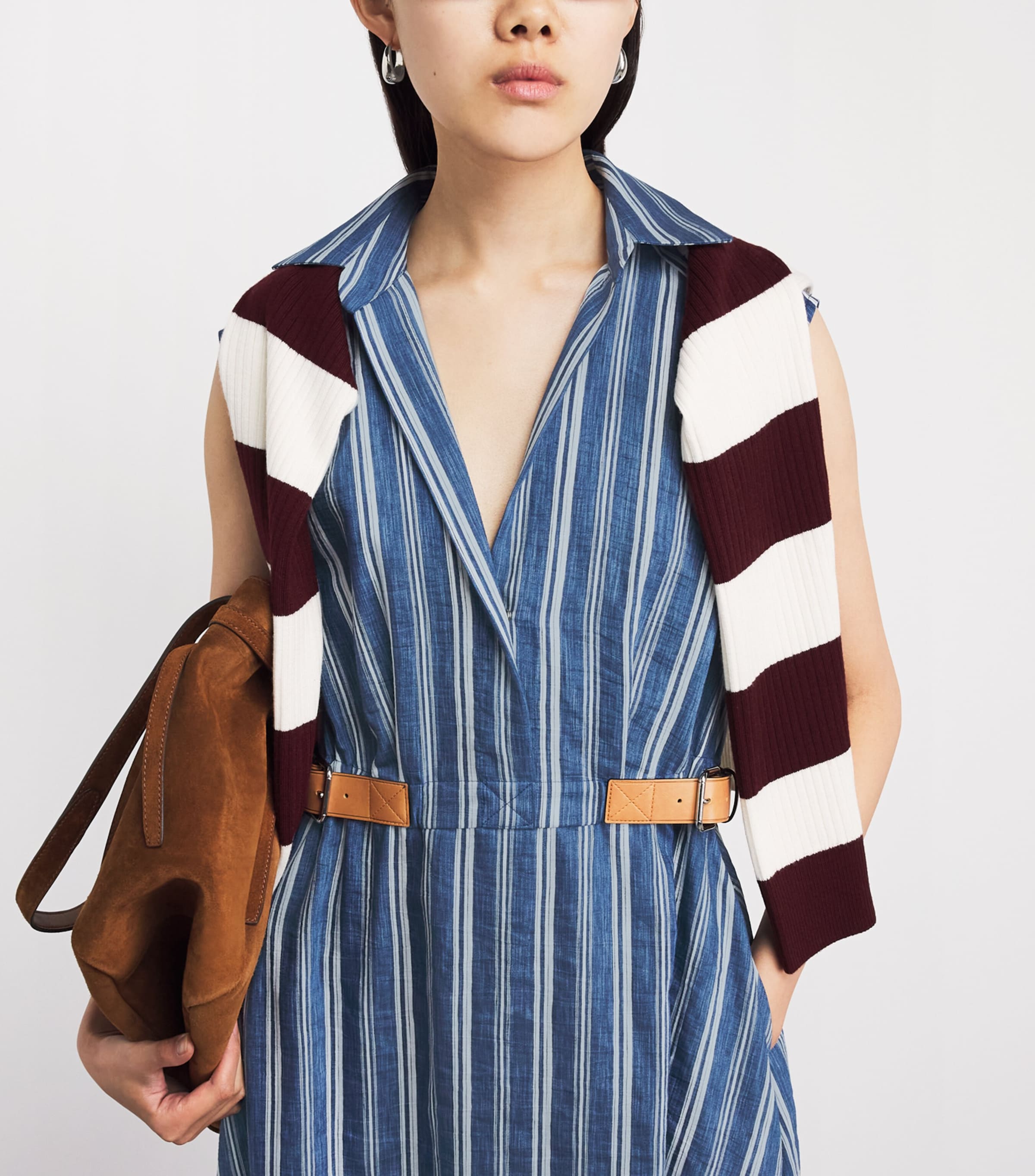 Sandro Paris Womens Belted Stripe Midi Shirt Dress Blu / White Image 3