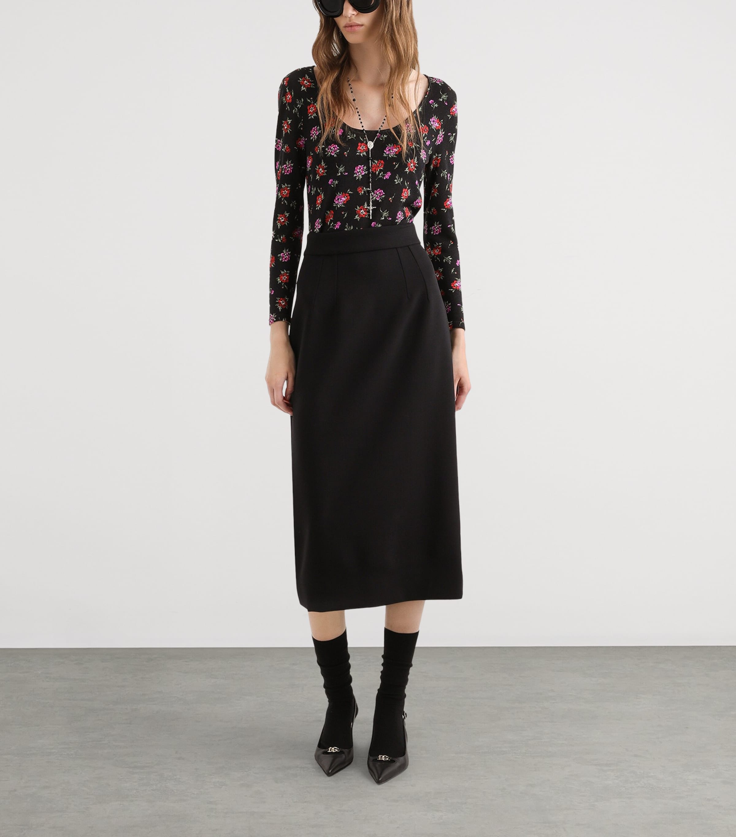 Dolce&Gabbana Womens Stretch-Virgin Wool Midi Pencil Skirt Blac Image 2
