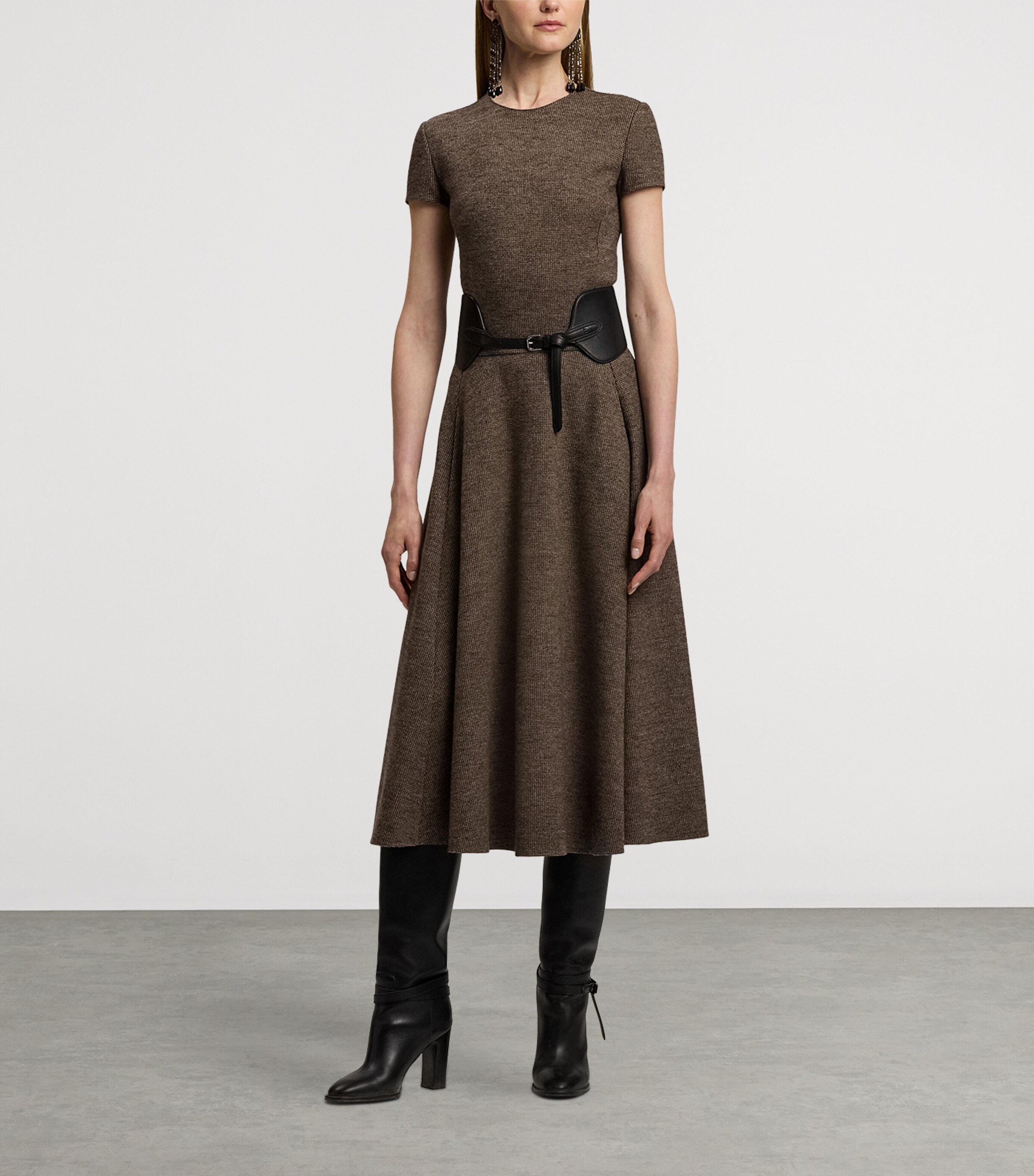 Wool Tick-Weave Margaret Midi Dress DARK BROWN/CAMEL Image 11