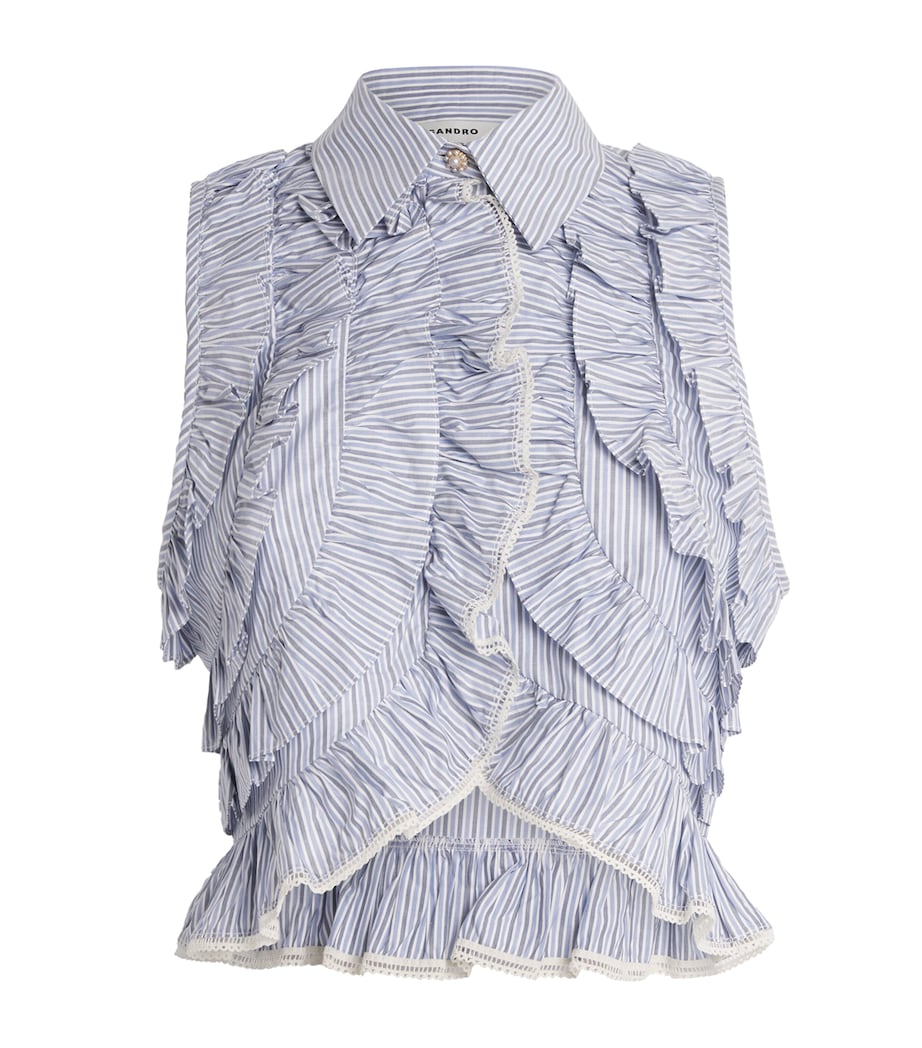 Sandro Paris Womens Cotton Stripe Ruffled Shirt Bleu / Marine Image 1