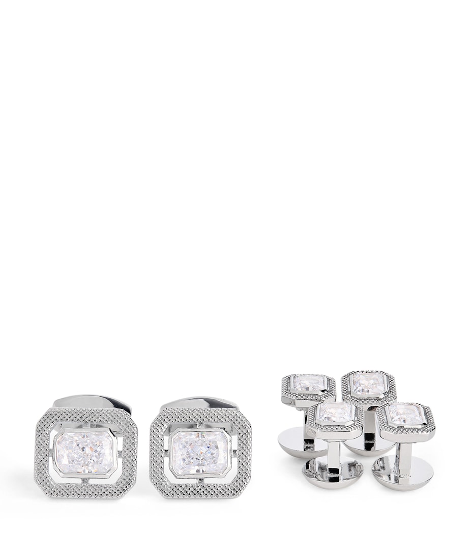 Rhodium-Plated Halo Cufflink and Studs Set SILVER Image 1