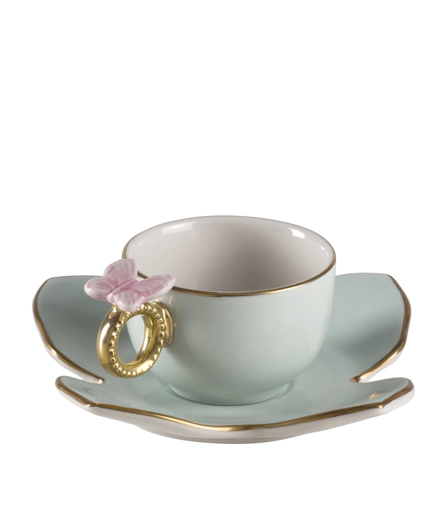 VILLARI Blooming Butterfly Coffee Cup and Saucer Aquamarine Pink Gld Image 1