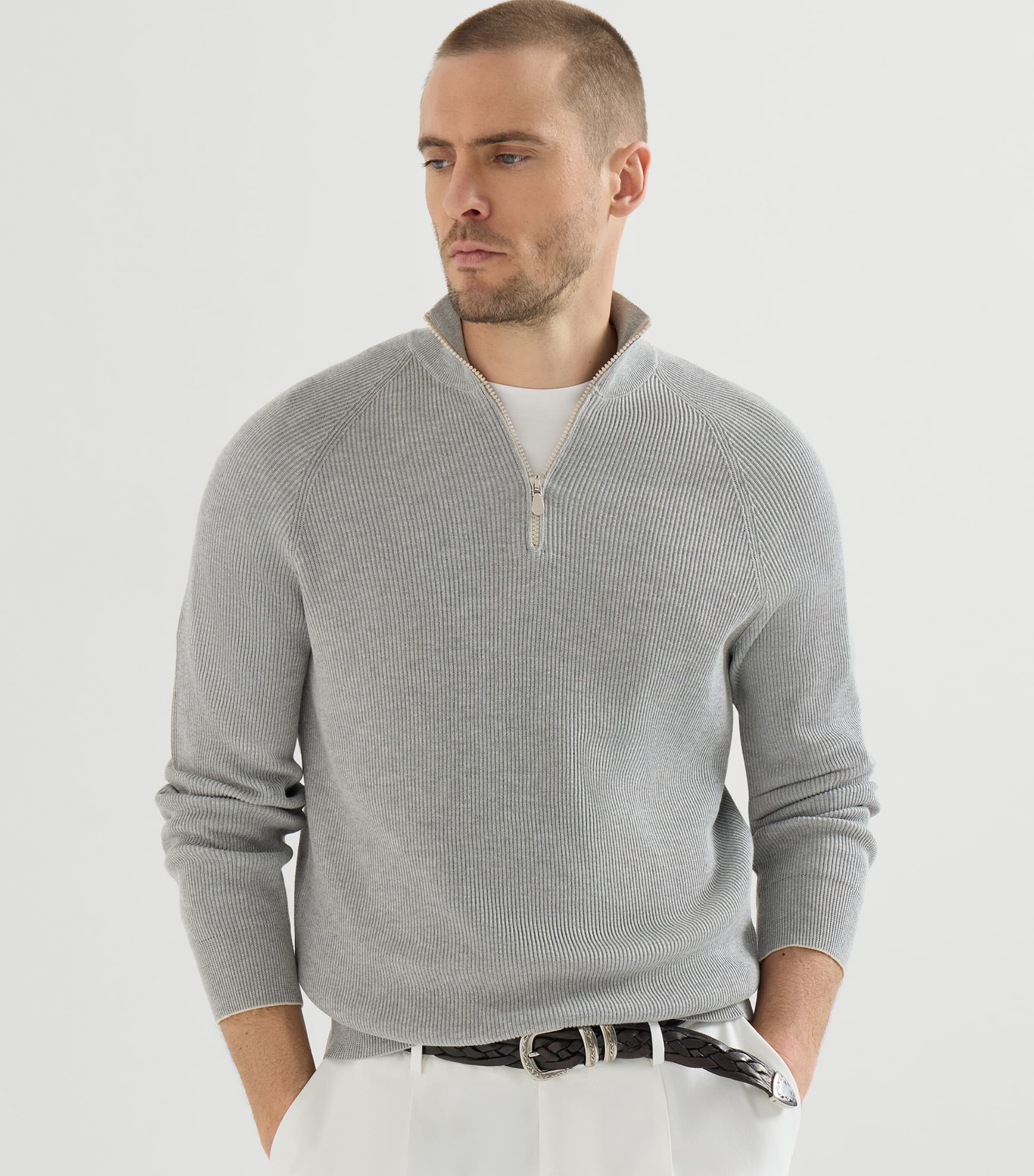 Brunello Cucinelli Grey Cotton Rib-Knit Quarter-Zip Sweater