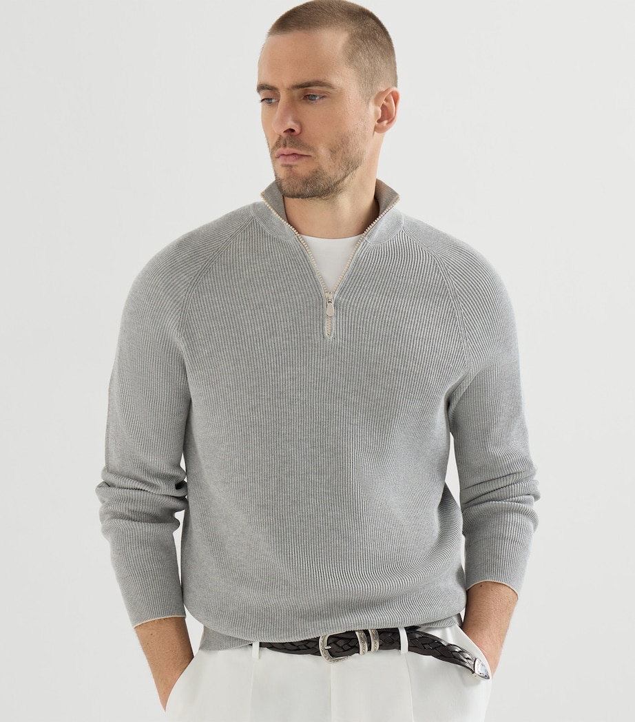 Brunello Cucinelli Mens Cotton Rib-Knit Quarter-Zip Sweater Image 2