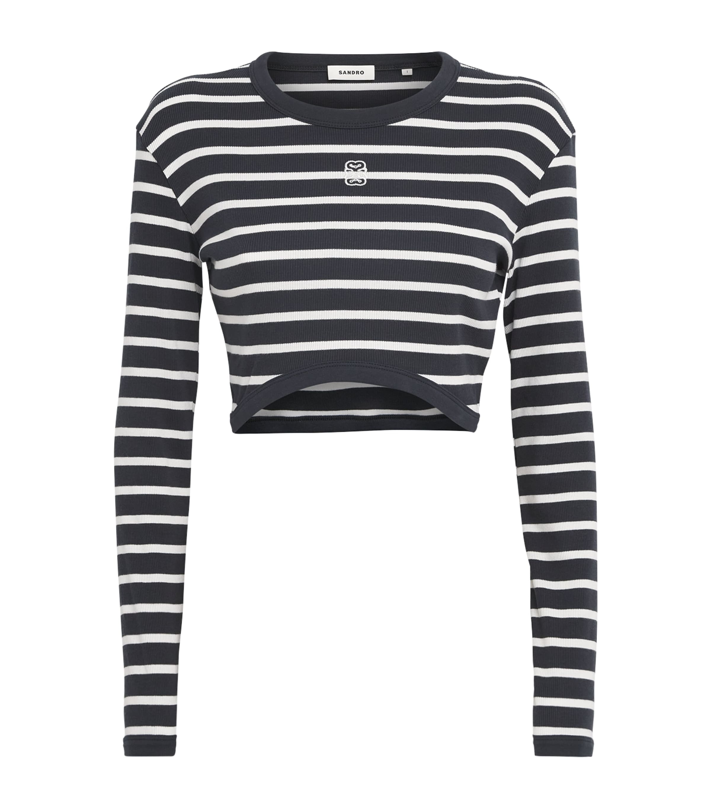 Sandro Paris Womens Cotton Stripe Crop Top Marine / Blanc Image 1
