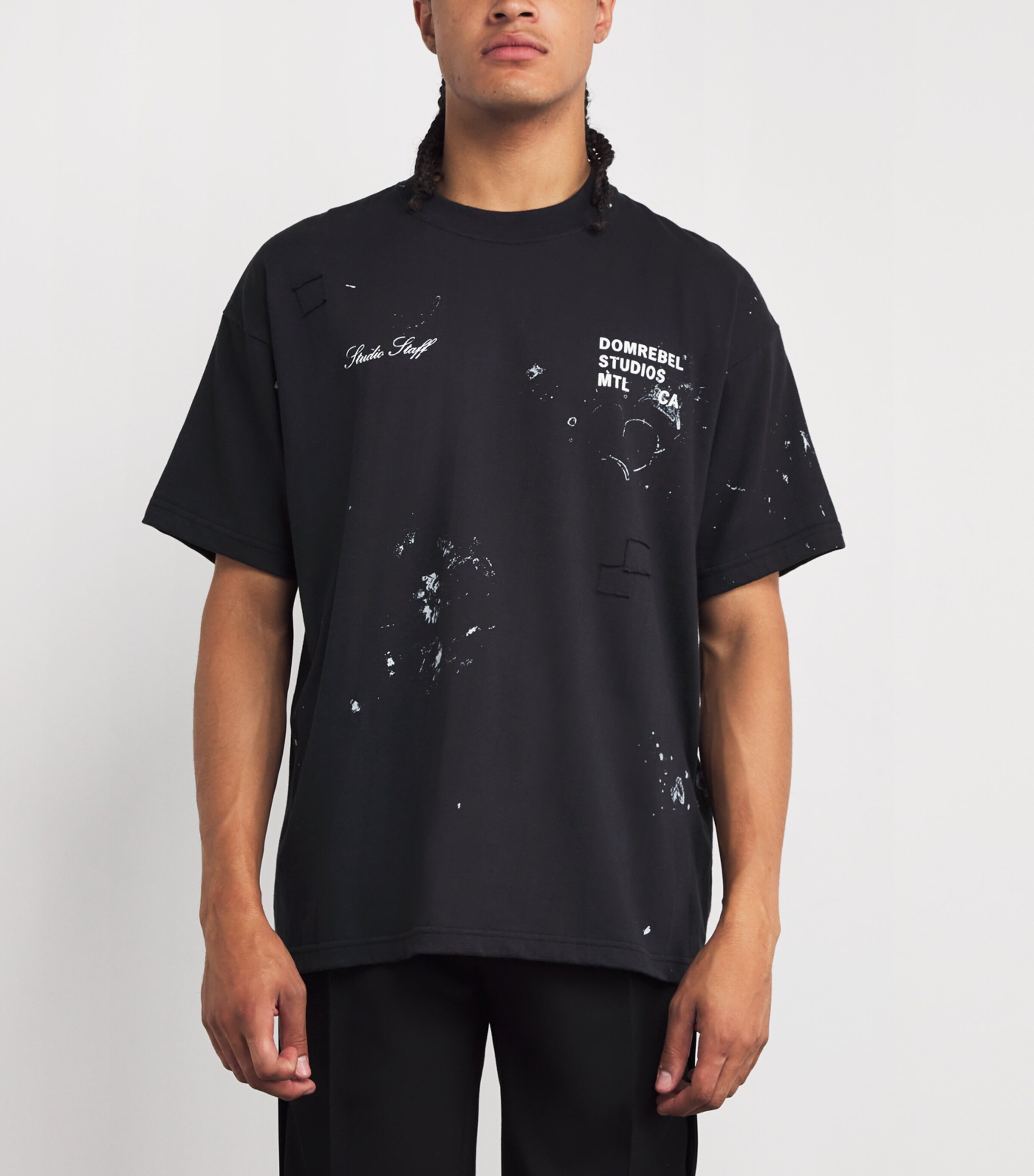 DOMREBEL Mens Cotton Paint-Splatter Staff T-Shirt Old Black Image 3