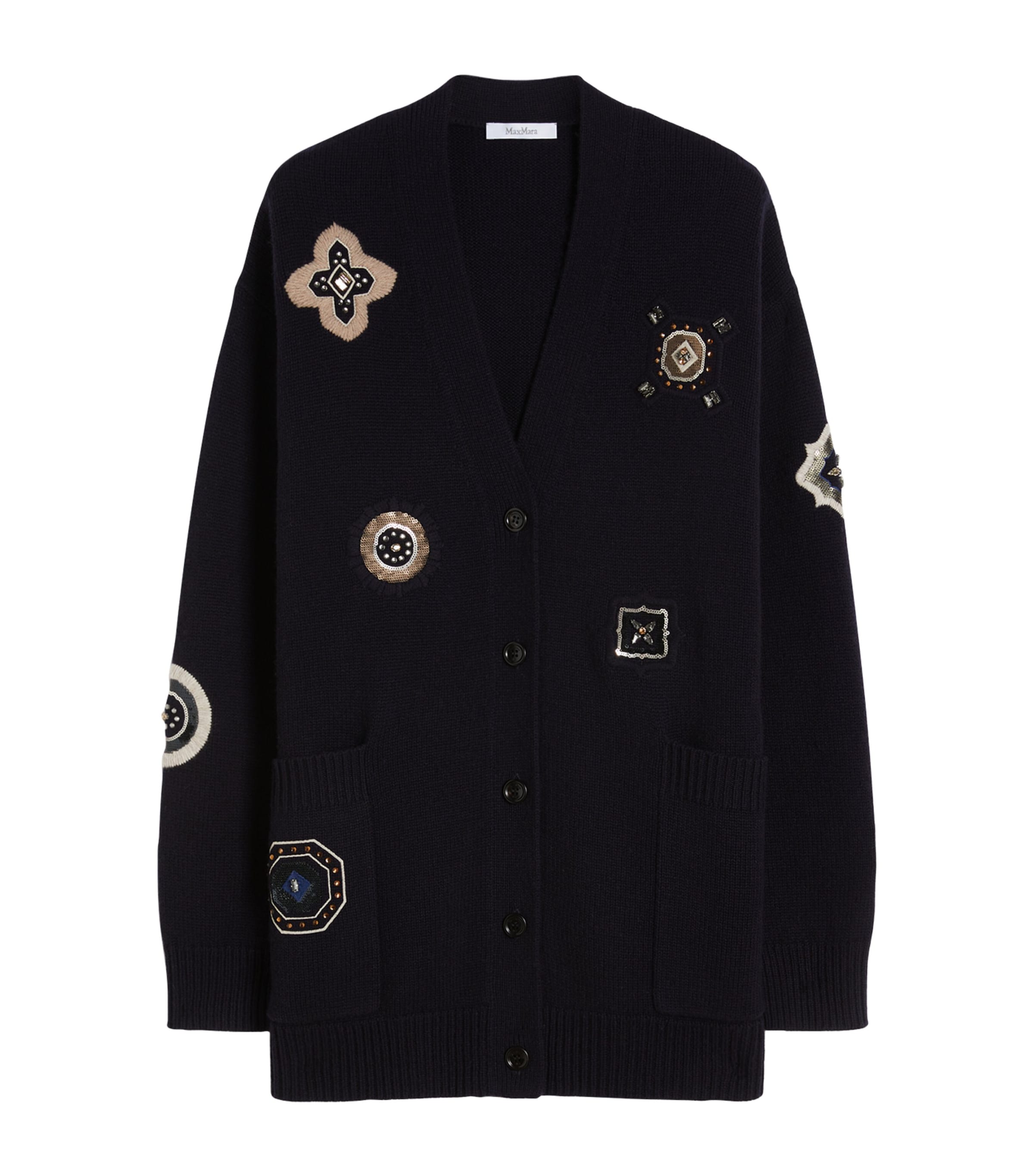 Max Mara Wool-cashmere Patch Cardigan In Blue