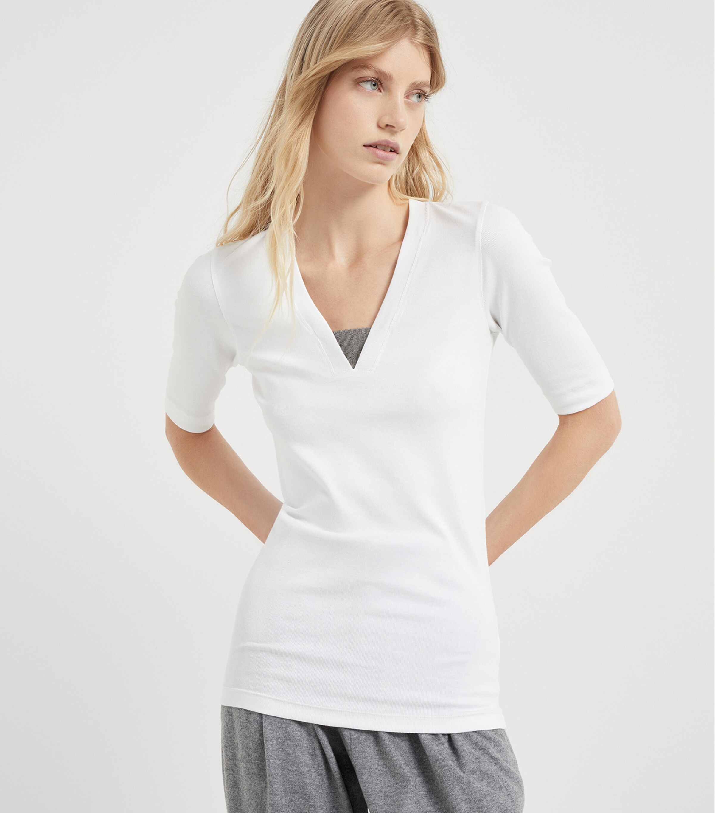 Brunello Cucinelli Womens Stretch-Cotton Monili-Detail T-Shirt Image 2