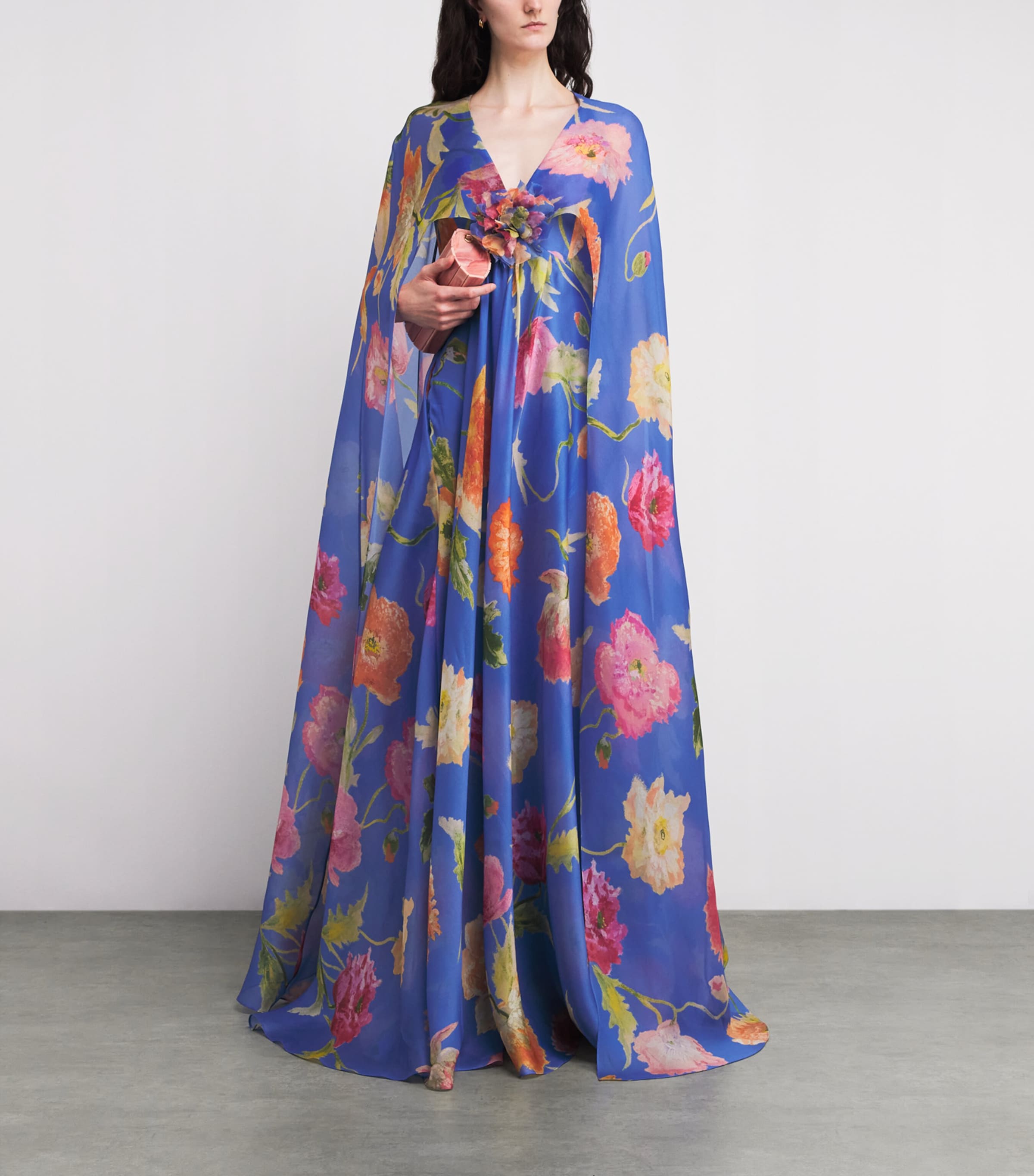 Carolina Herrera Womens Silk Organza Floral Cape Gown Bluebell Multi Image 2