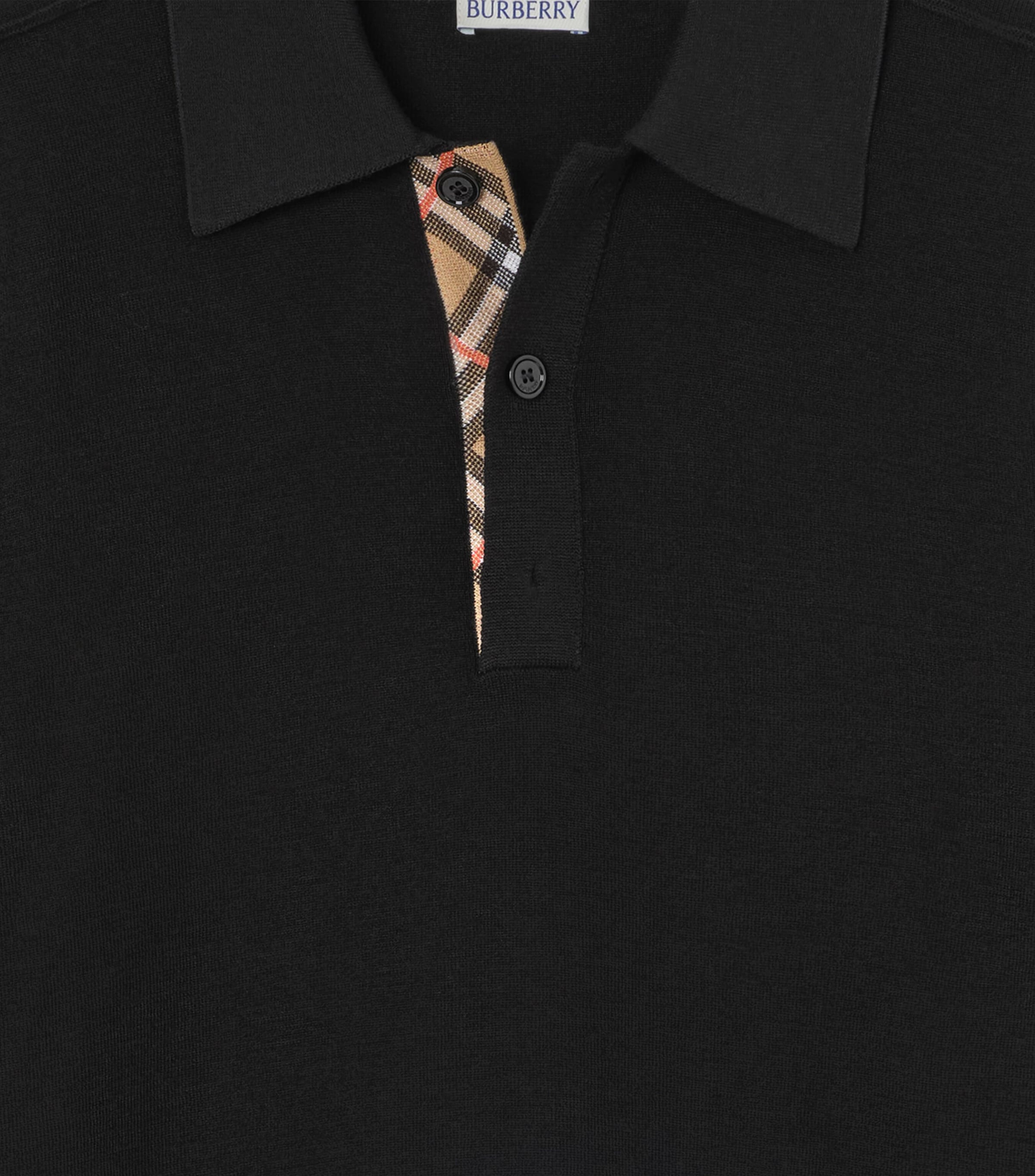 Burberry Mens Wool Check-Detail Polo Shirt Black Image 2