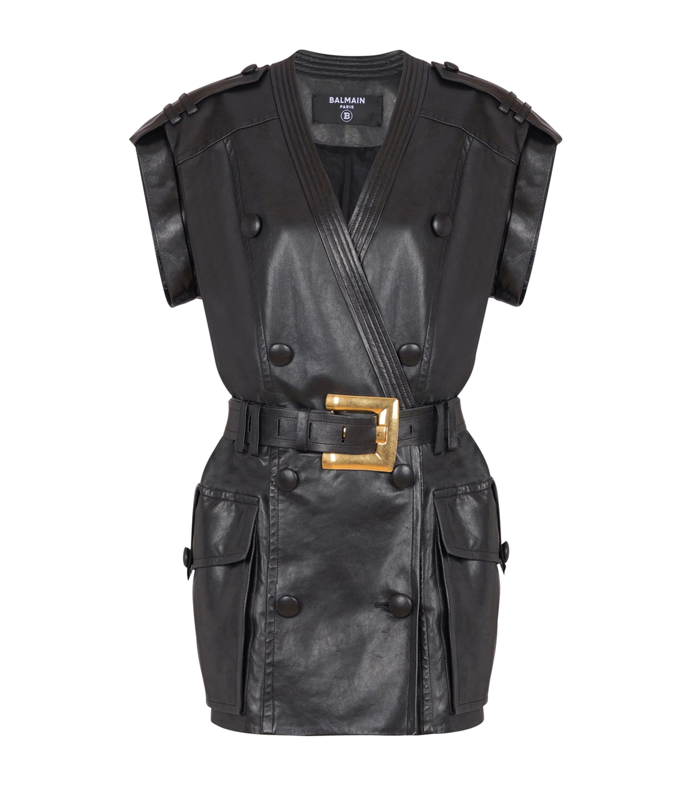 Balmain Lambskin Leather Short Belted Dress In Black