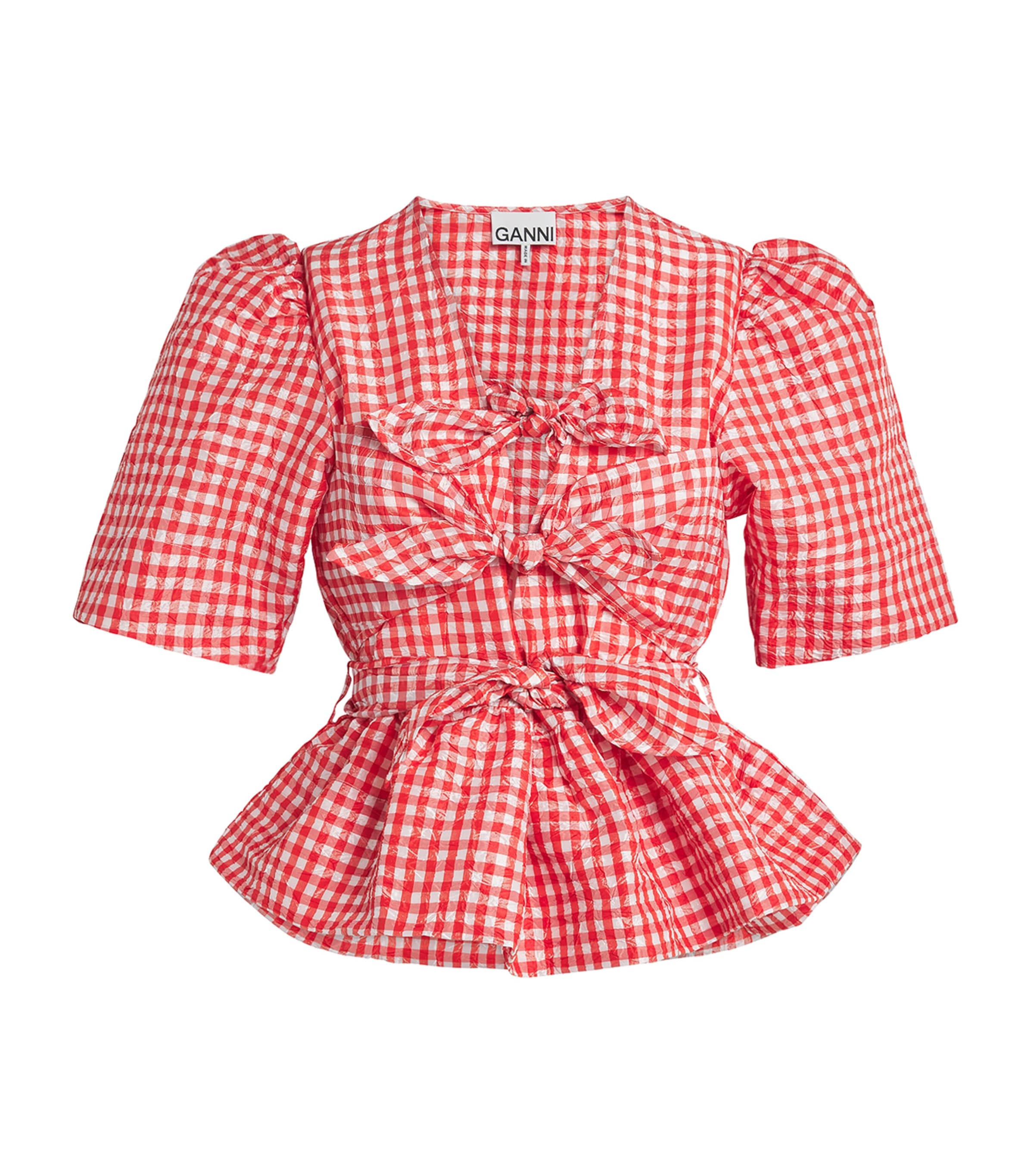 Ganni Bow-detailed Gingham Crinkled-taffeta Peplum Blouse In Purple
