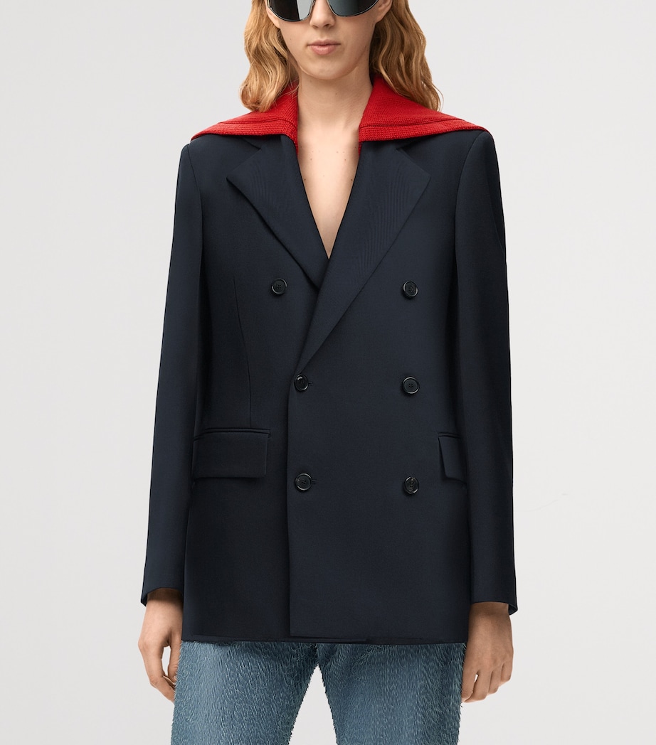 LOEWE Womens Wool Knitted-Overlay Blazer Dark Navy Blue Image 2