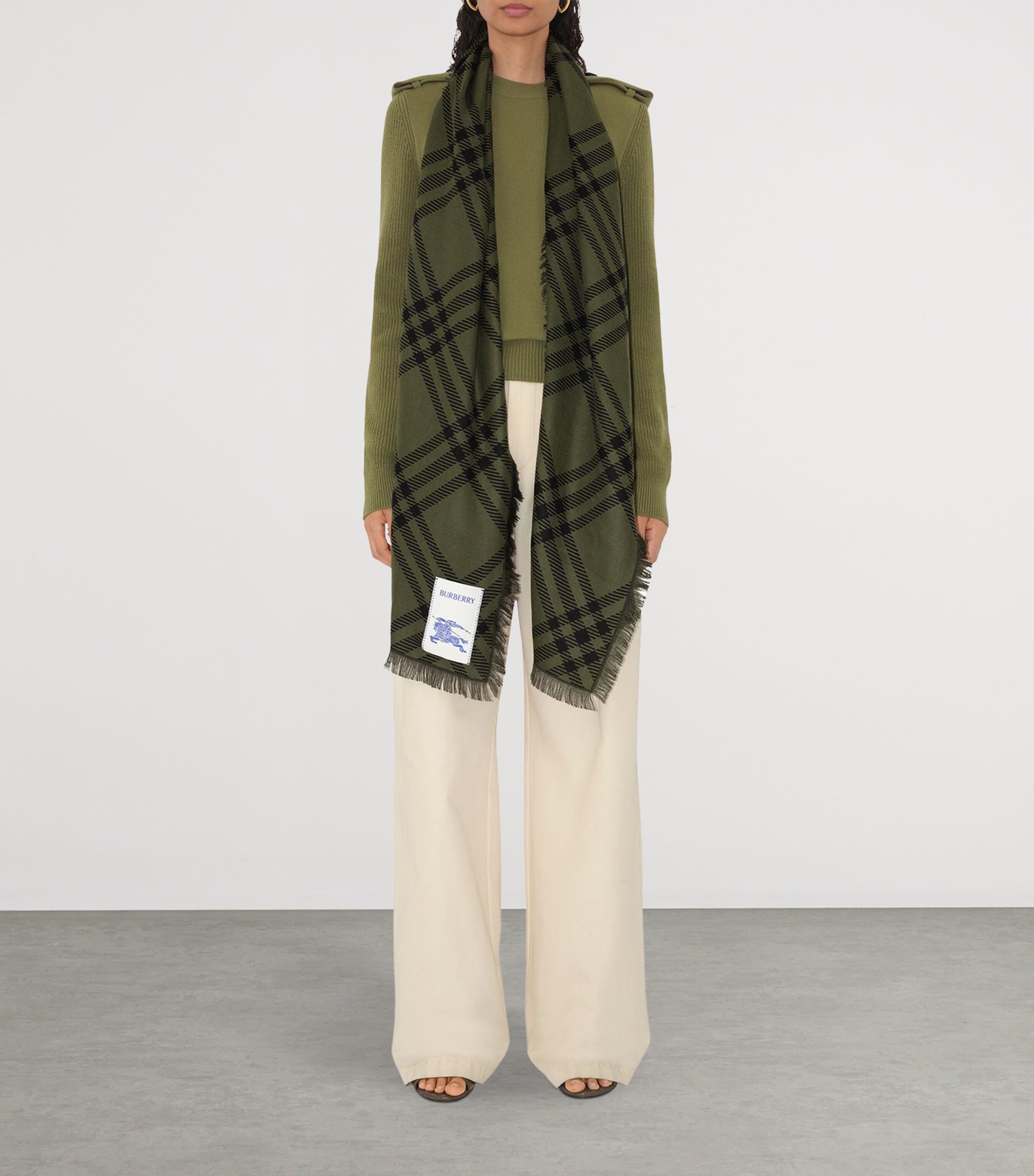 Burberry Silk-Wool Wide Check Scarf Shrub Green/black Image 3