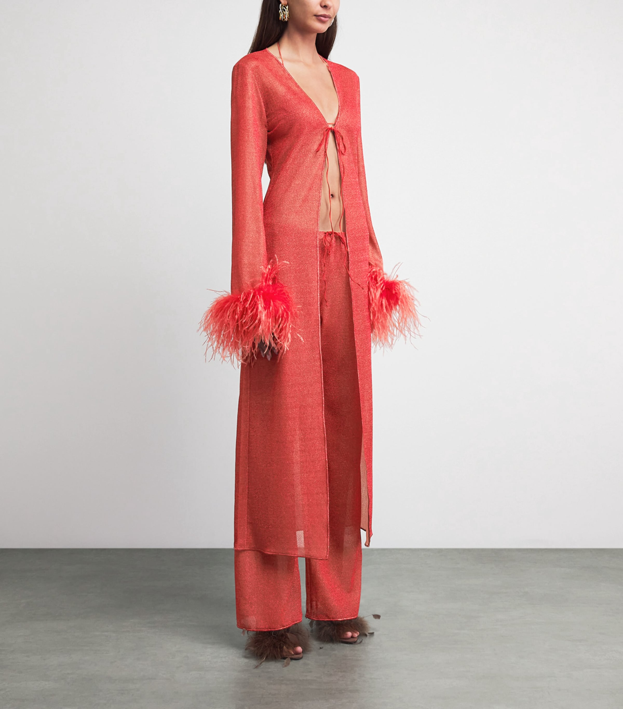 Oséree Womens Feather-Trim Maxi Kaftan Dress Coral Image 3