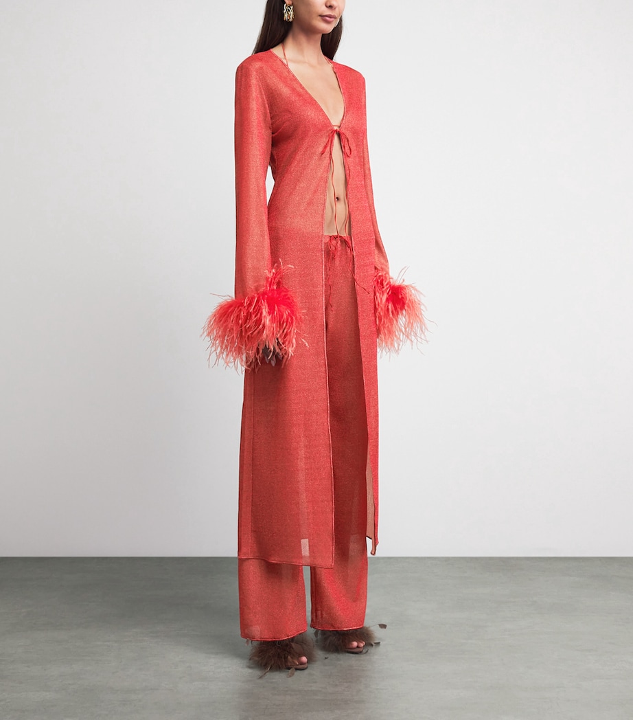 Oséree Womens Feather-Trim Maxi Kaftan Dress Coral Image 3