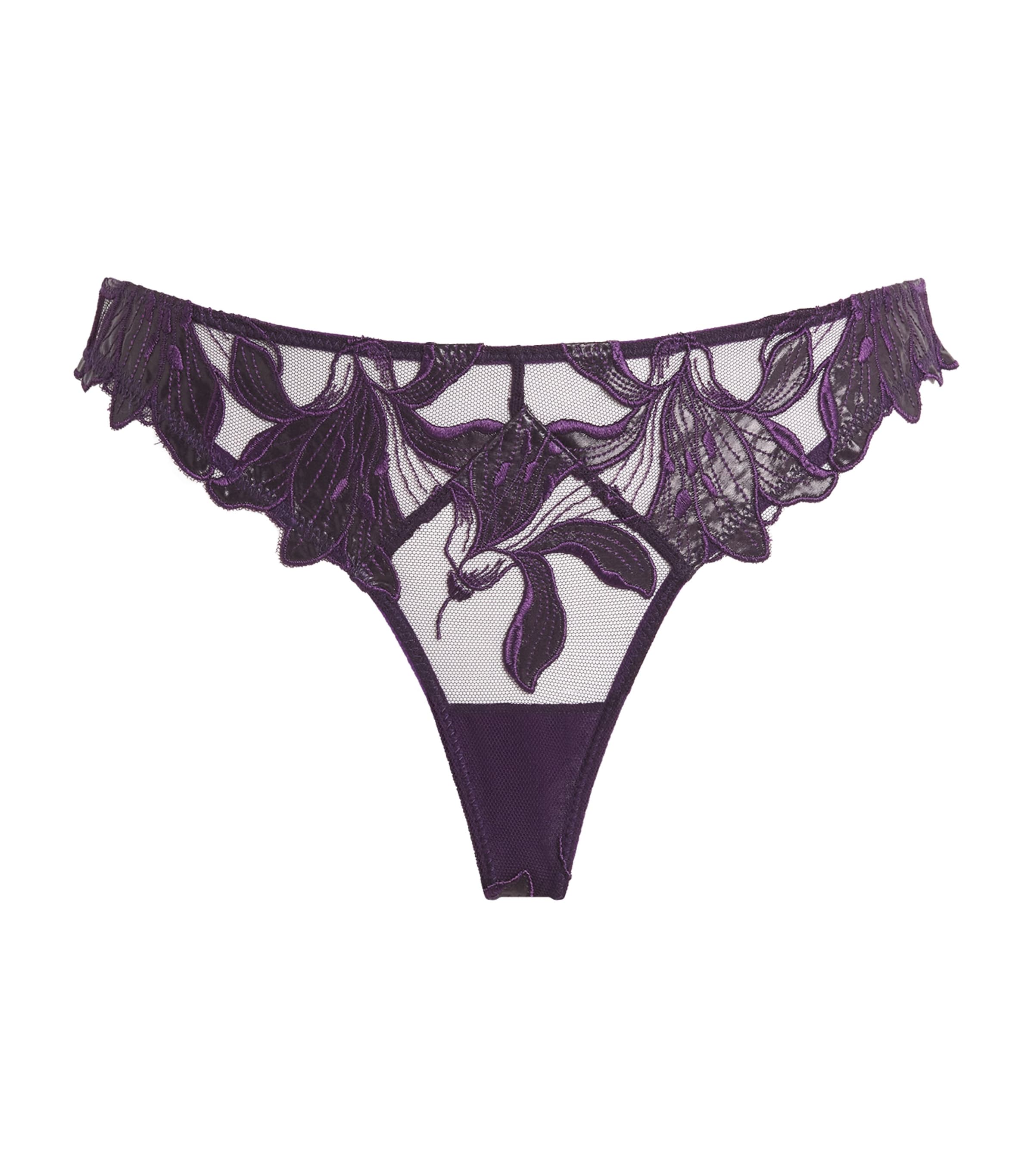 Fleur Du Mal Lily Embroidered Hipster Thong In Purple