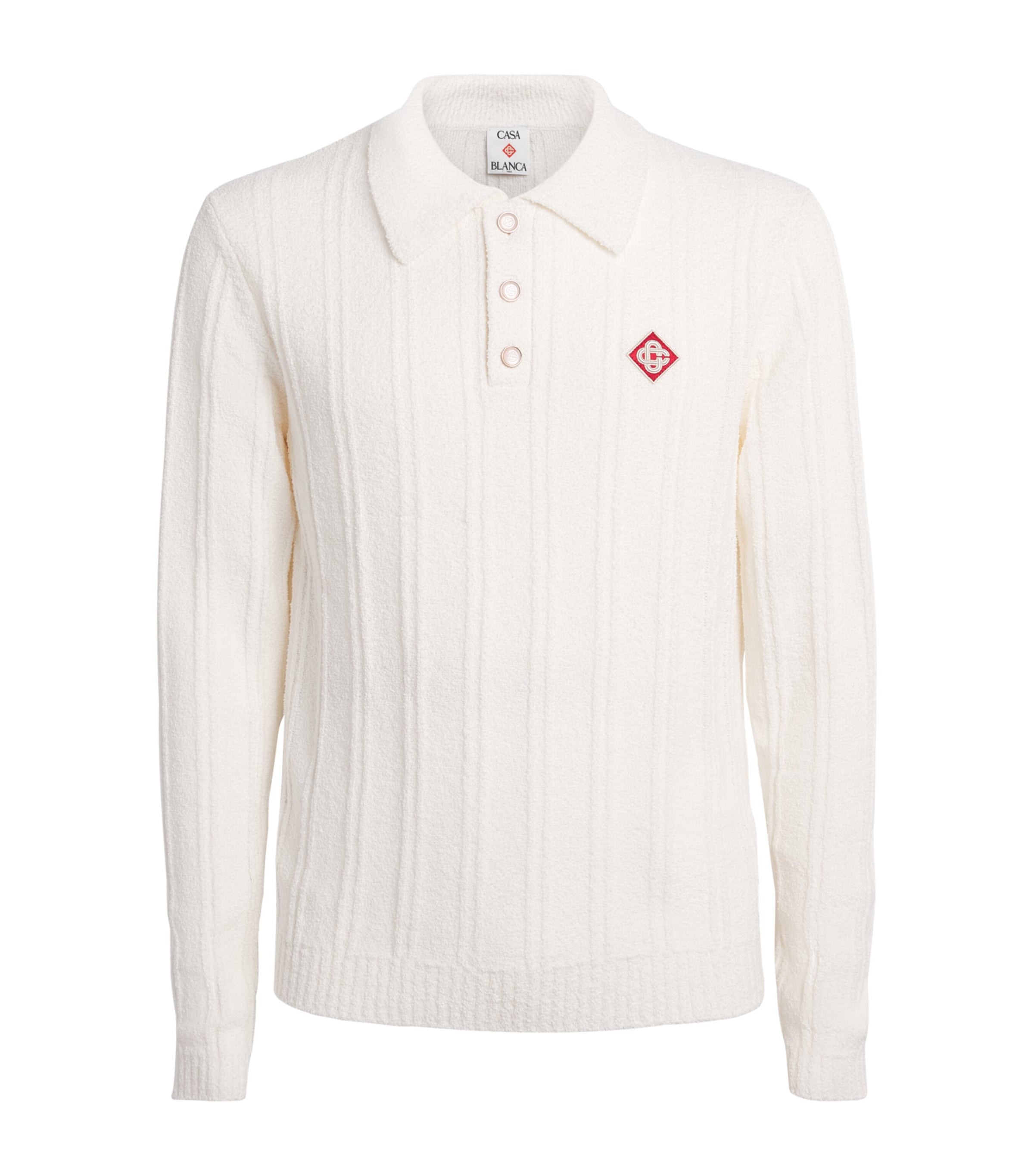 Casablanca Mens Boucle Long-Sleeve Polo Sweater White Image 1