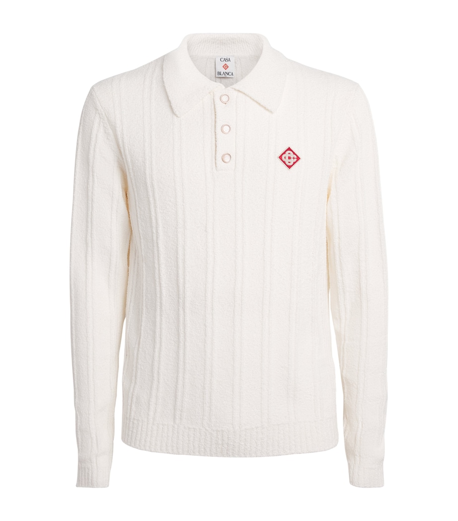 Casablanca Mens Boucle Long-Sleeve Polo Sweater White Image 1