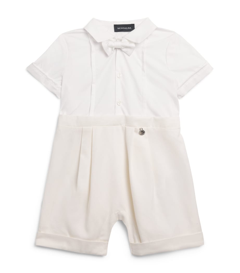 Monnalisa Cotton Bow Tie Playsuit (1-9 Months) Ecrù +cream Image 1