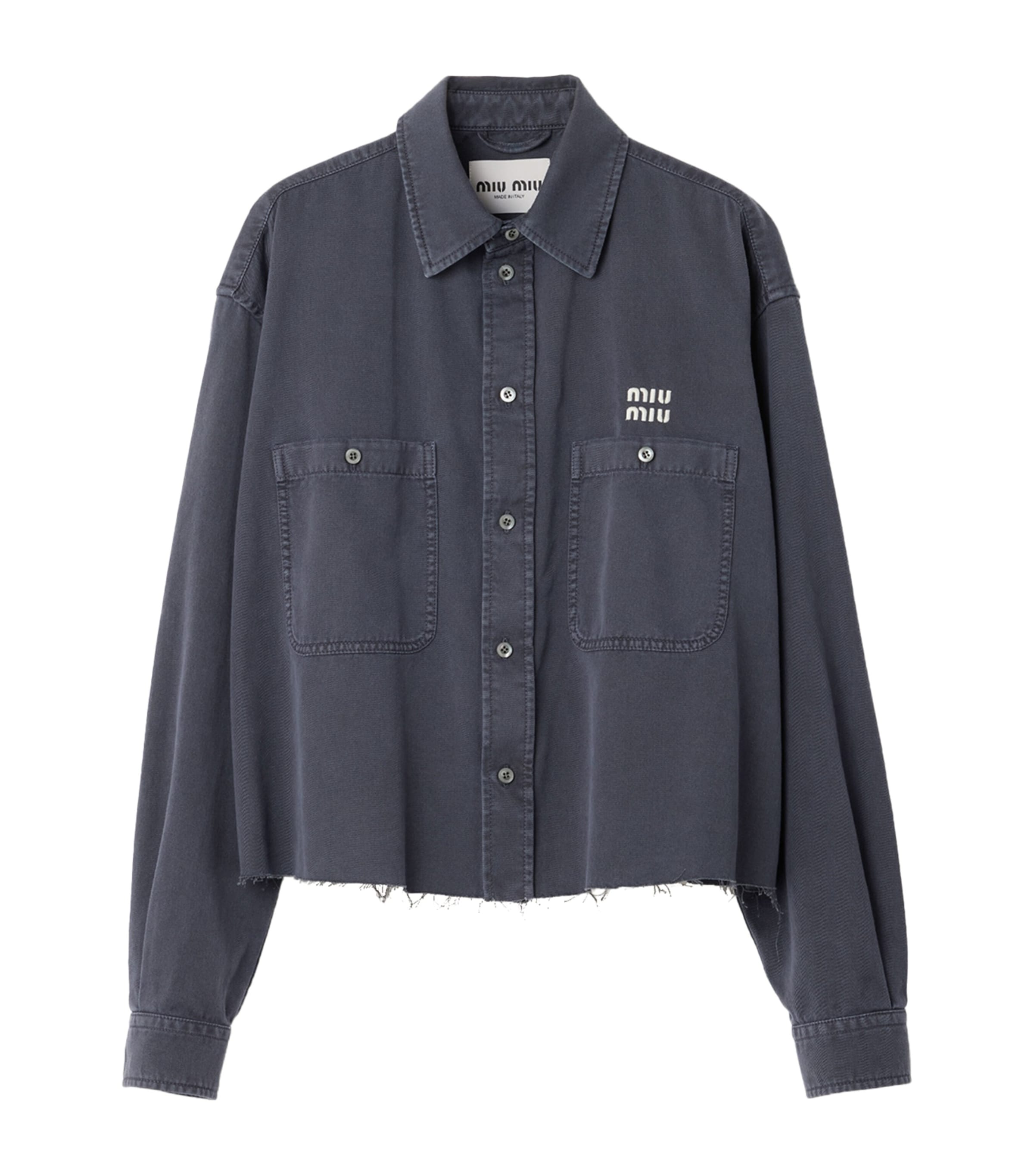 Miu Miu Womens Denim Distressed Logo Shirt Image 1
