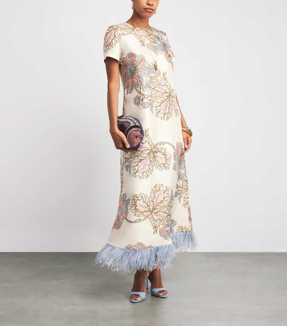 la doublej swing maxi dress Swing feather-trimmed silk twill maxi dress in multicoloured - La Double J