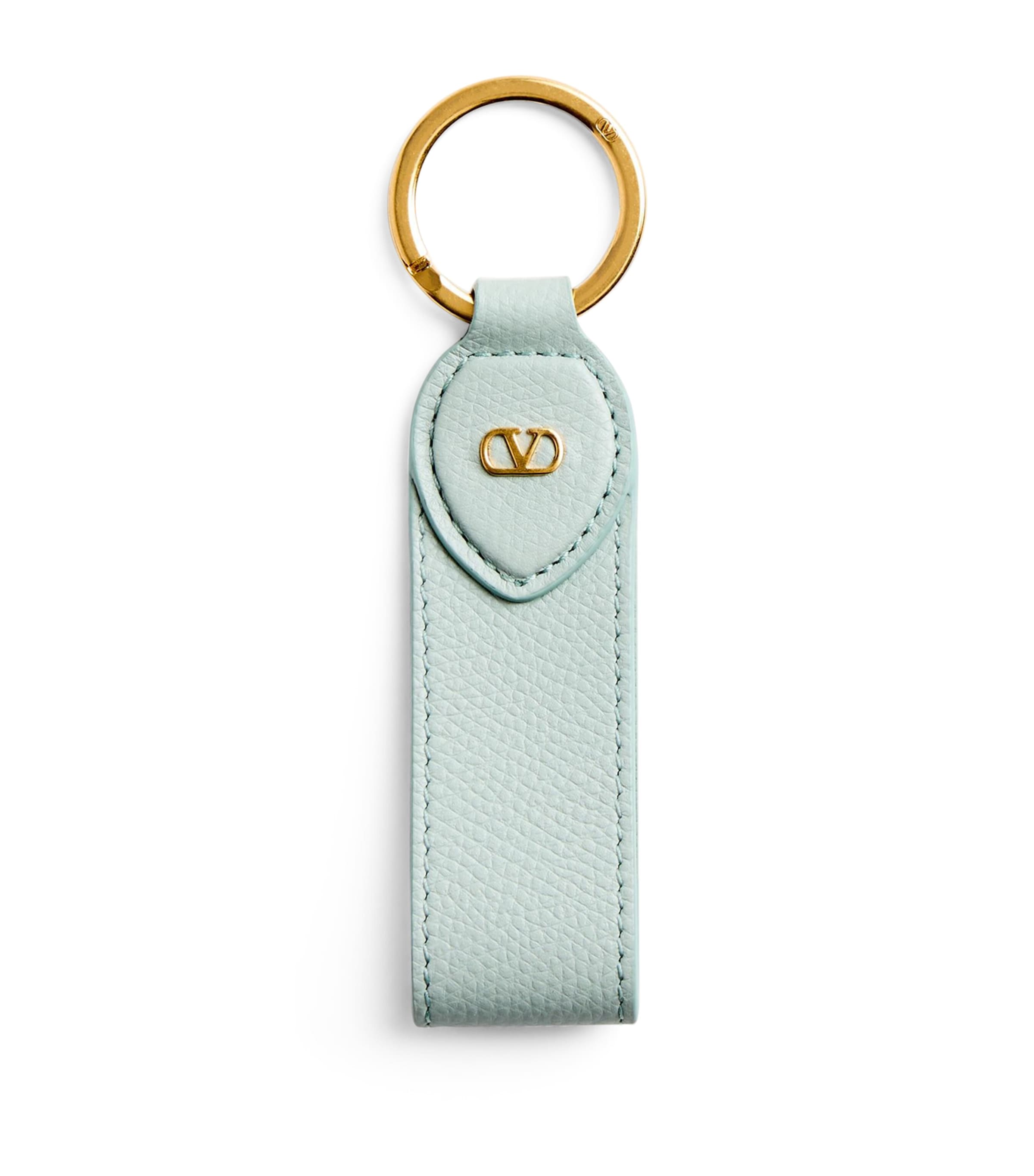 Valentino Leather Vlogo Keychain In Grey