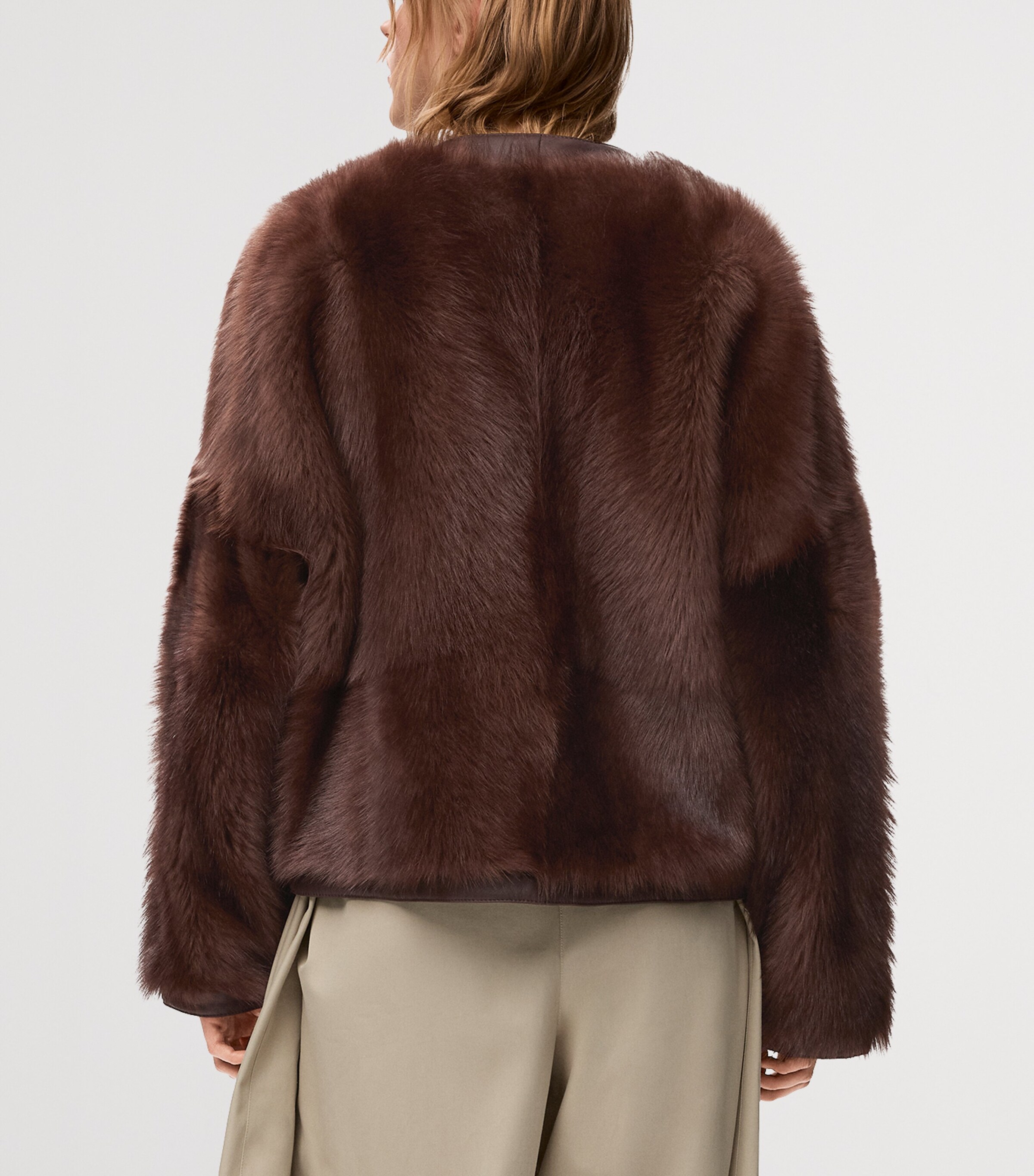 LOEWE Womens Leather Fur-Covered Cardigan Brown Image 4