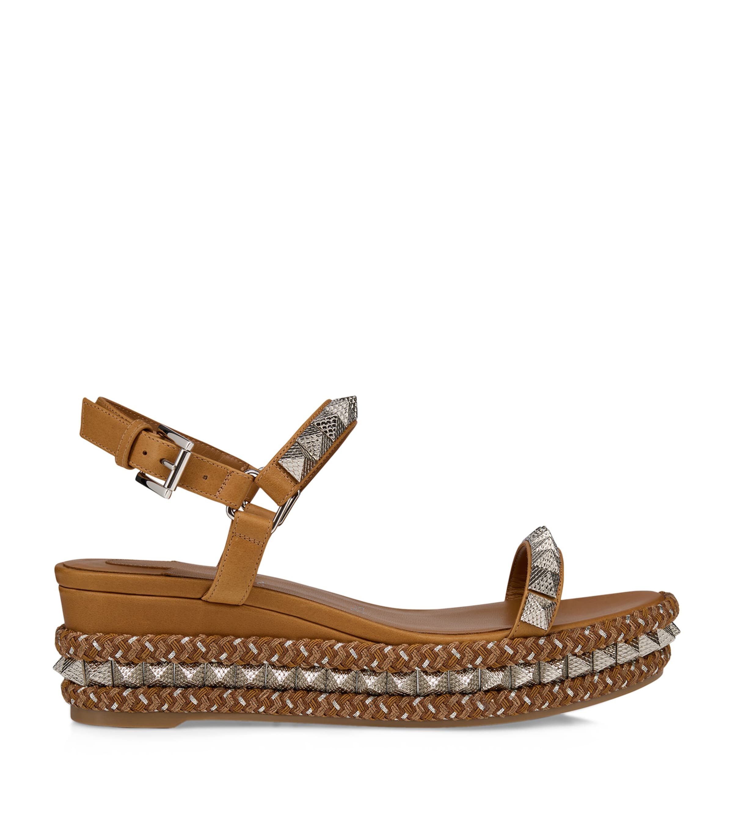Christian Louboutin Pyraclou Leather Spike Red Sole Wedge Sandals In Brown