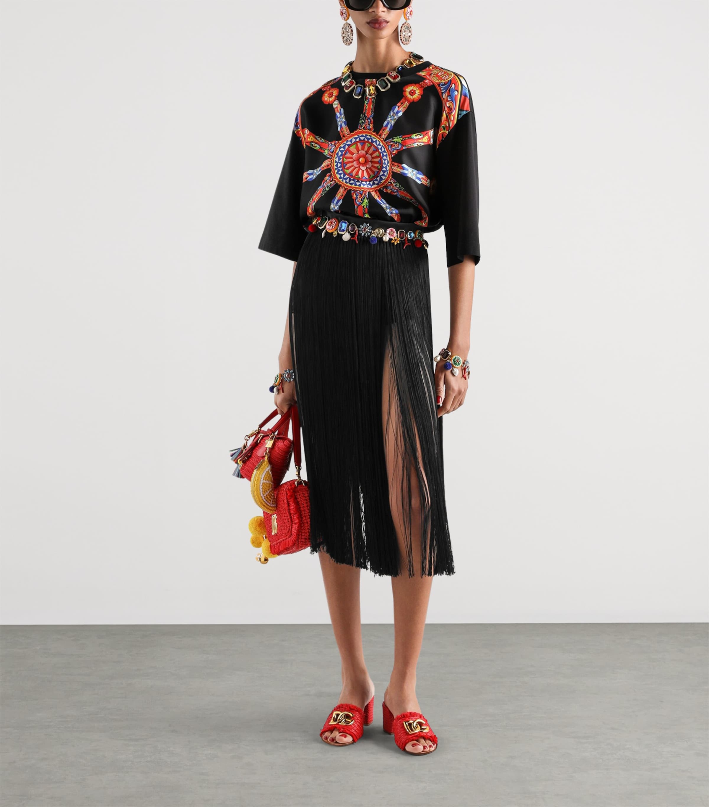 Dolce&Gabbana Womens Satin Fringe Midi Skirt Black Image 2