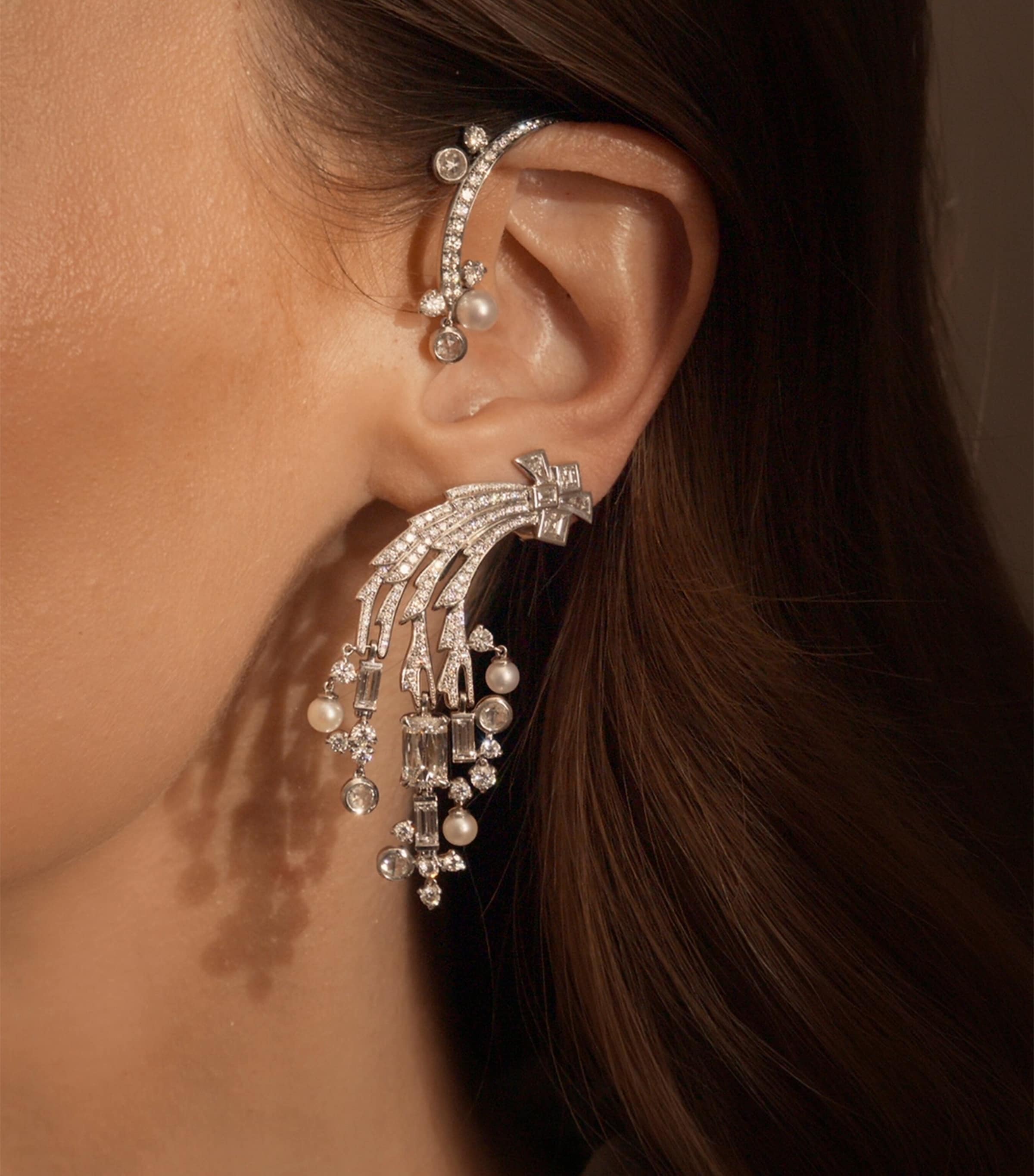 White Gold, Diamond and Pearl Victoria Falls Inside Africa Asymmetric Earrings SILVER Image 2