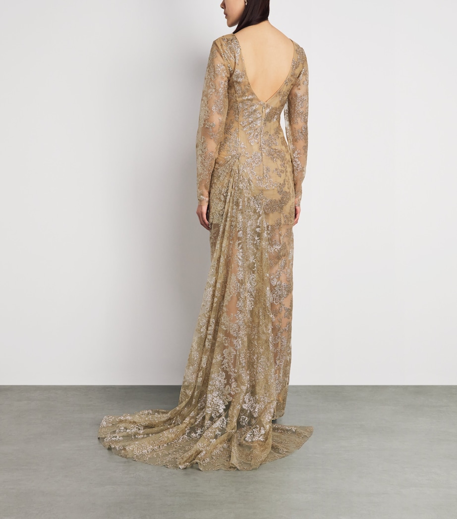 Sandra Mansour Womens Embellished Long-Sleeve Gown Gold Image 4