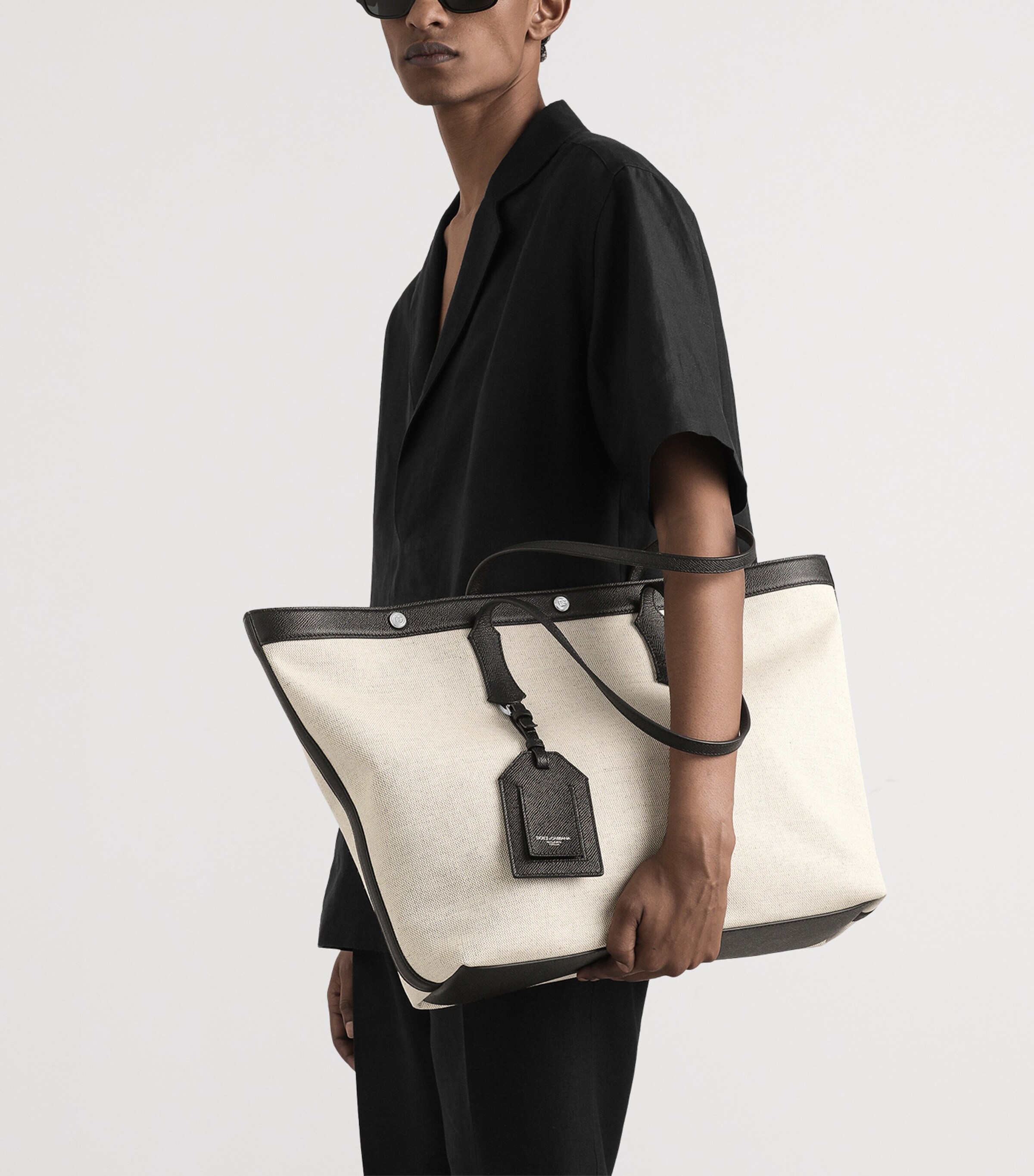 Canvas-Calfskin Tote Bag 8S469-IVORY/BLACK Image 7