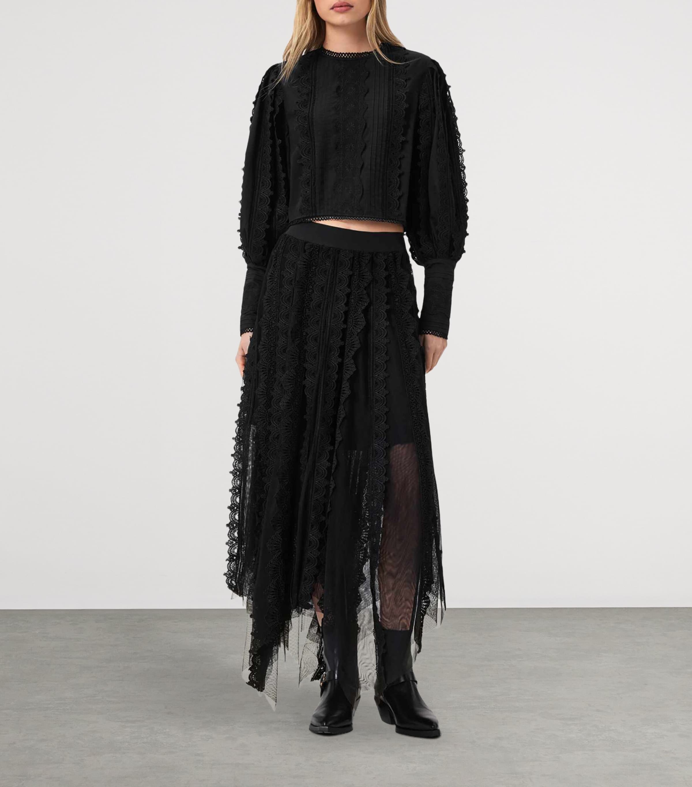 AllSaints Womens Cotton-Lace Long-Sleeve Top Black Image 2