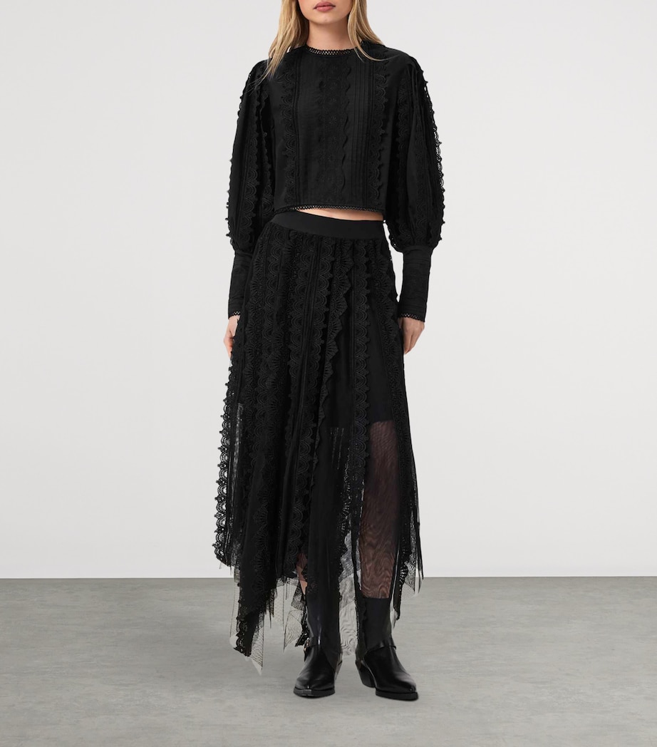 AllSaints Womens Cotton-Lace Long-Sleeve Top Black Image 2