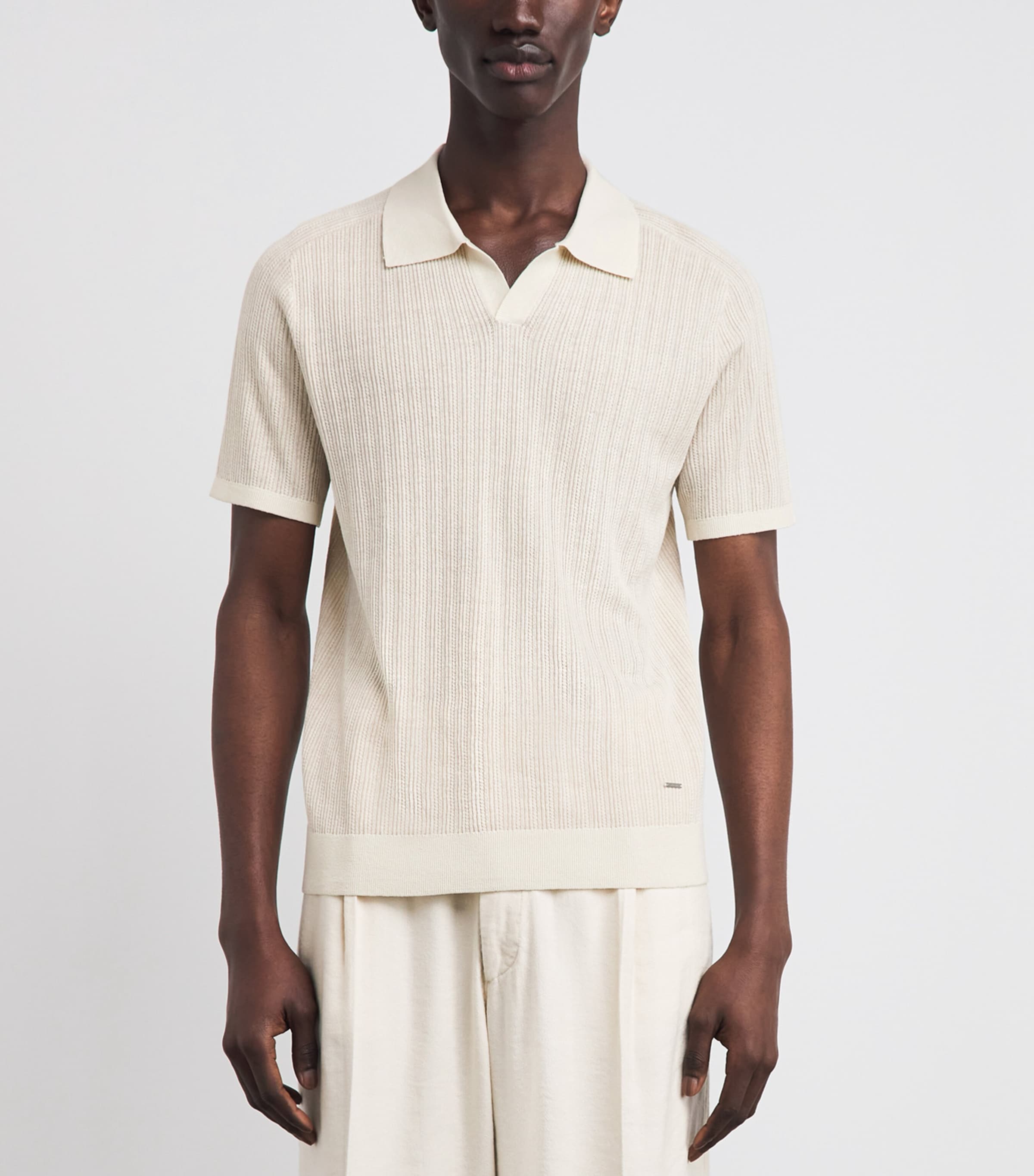 Simkhai Mens Rib-Knit Open-Collar Polo Shirt Off White Multi Image 4
