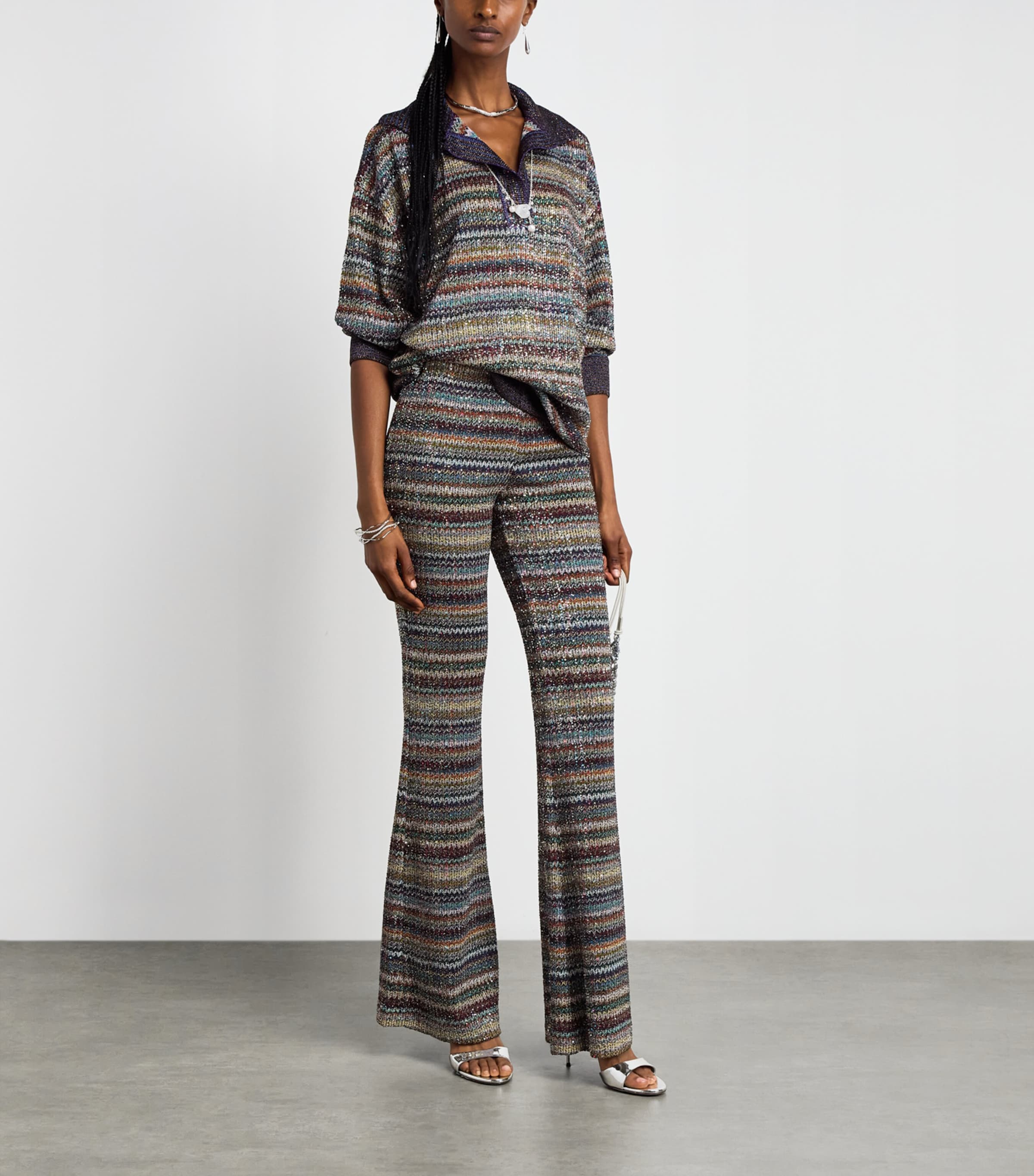 Missoni Womens Metallic Stripe Flared Trousers Smsqw Multi B/r/bge Image 2